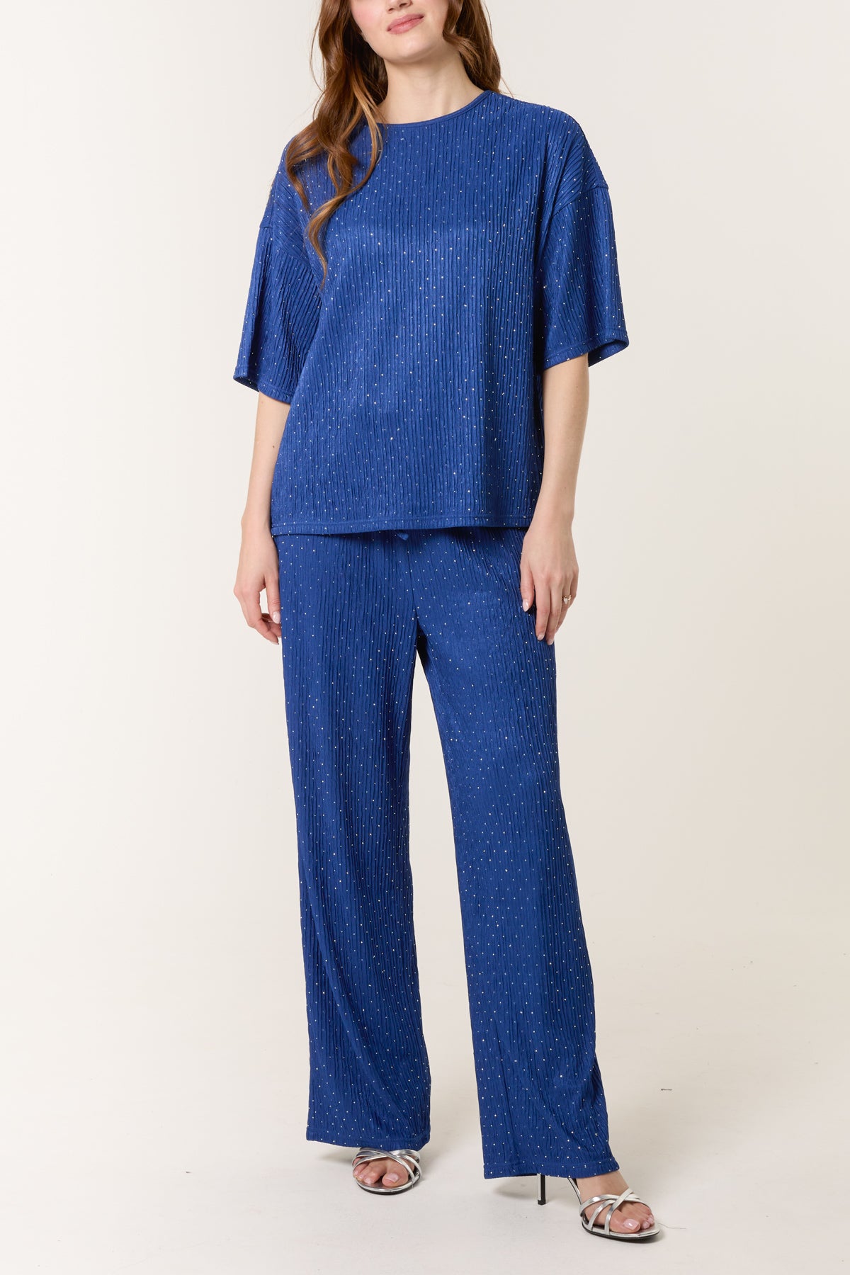 Diamante Textured T-Shirt & Wide Leg Trouser Set