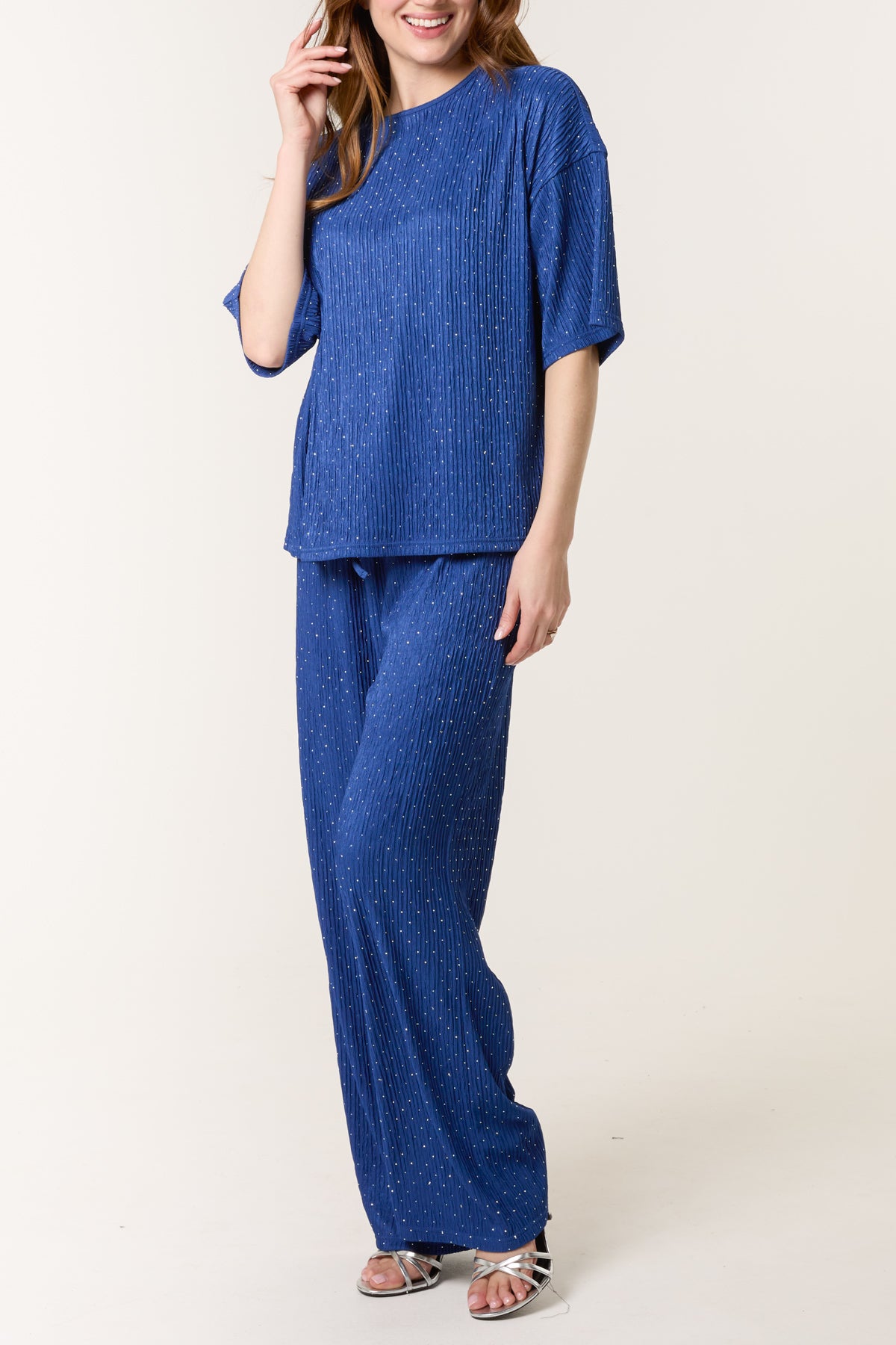 Diamante Textured T-Shirt & Wide Leg Trouser Set