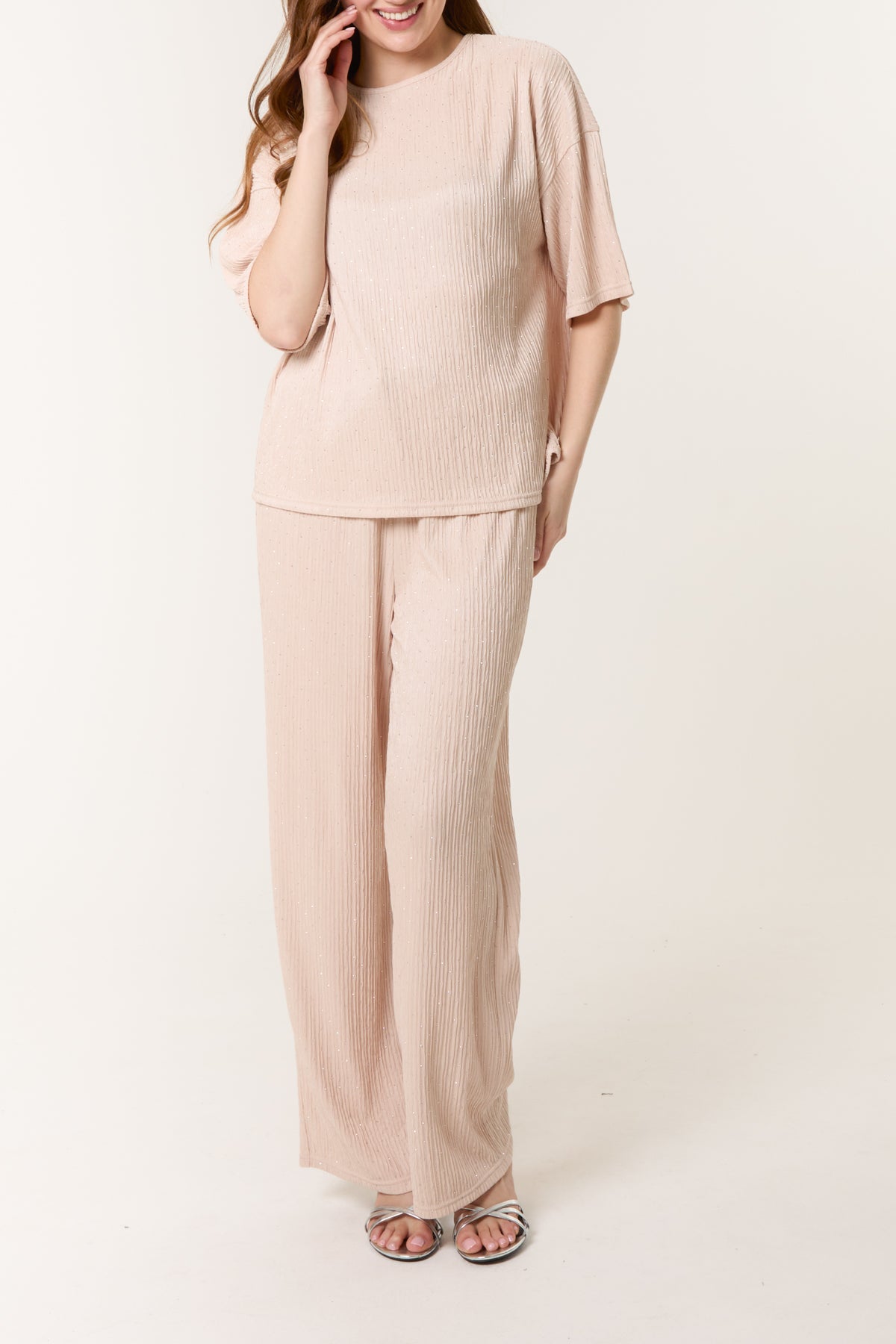 Diamante Ribbed T-Shirt & Wide Leg Trouser Set