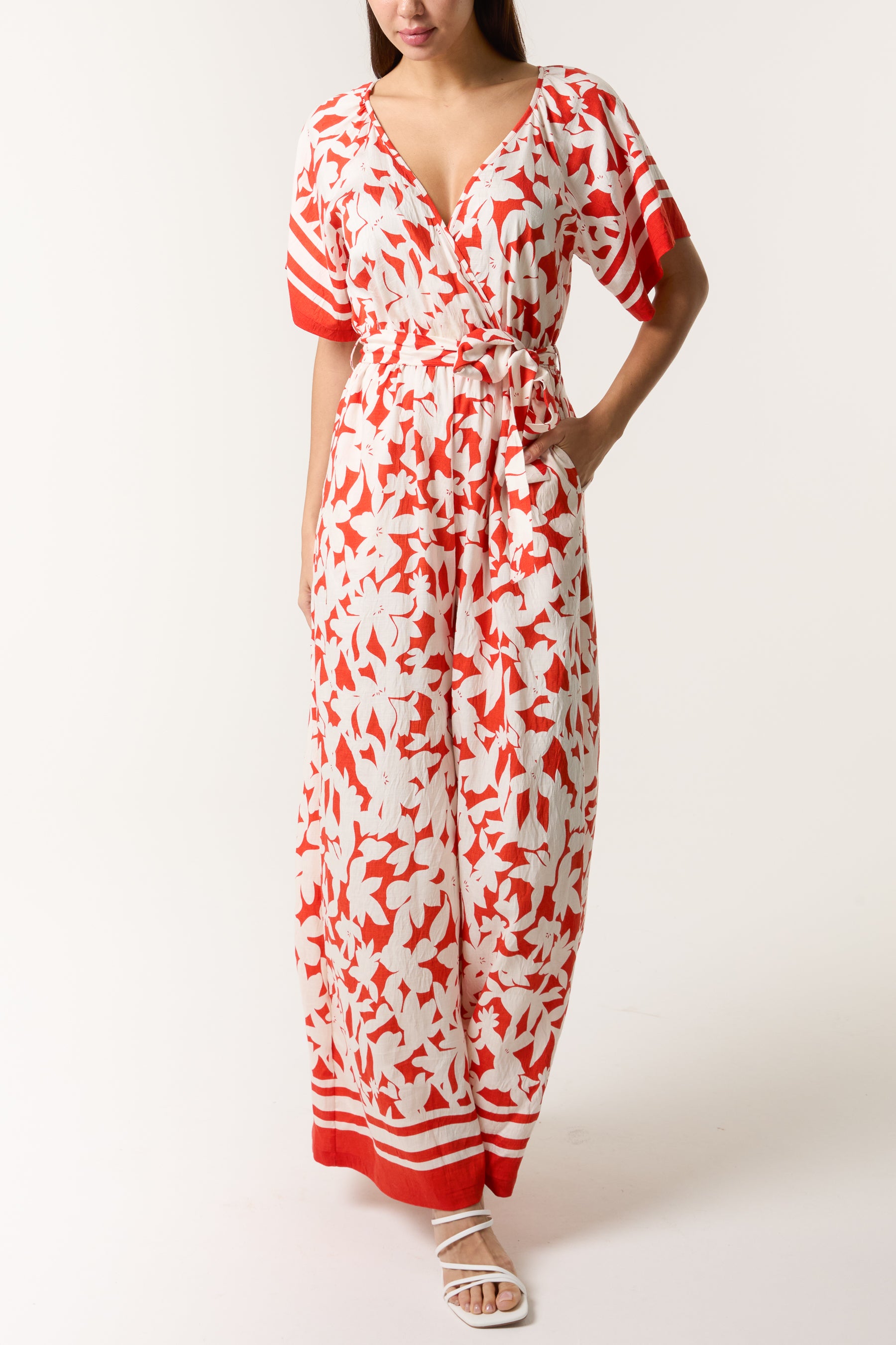 Tropical Floral Wide-Leg Wrap Jumpsuit