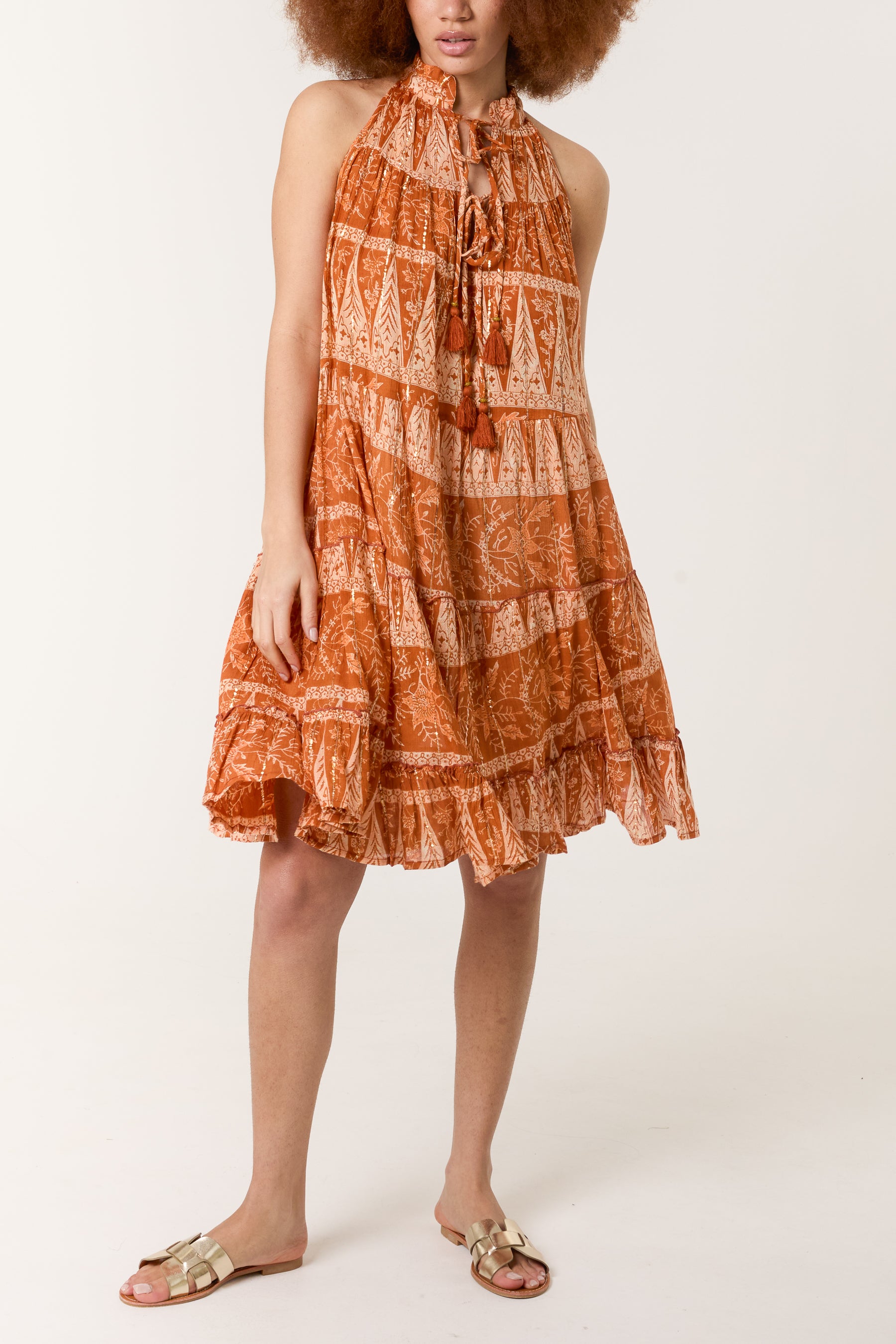Printed Tie Neck Long Sleeve Mini Dress main image 1