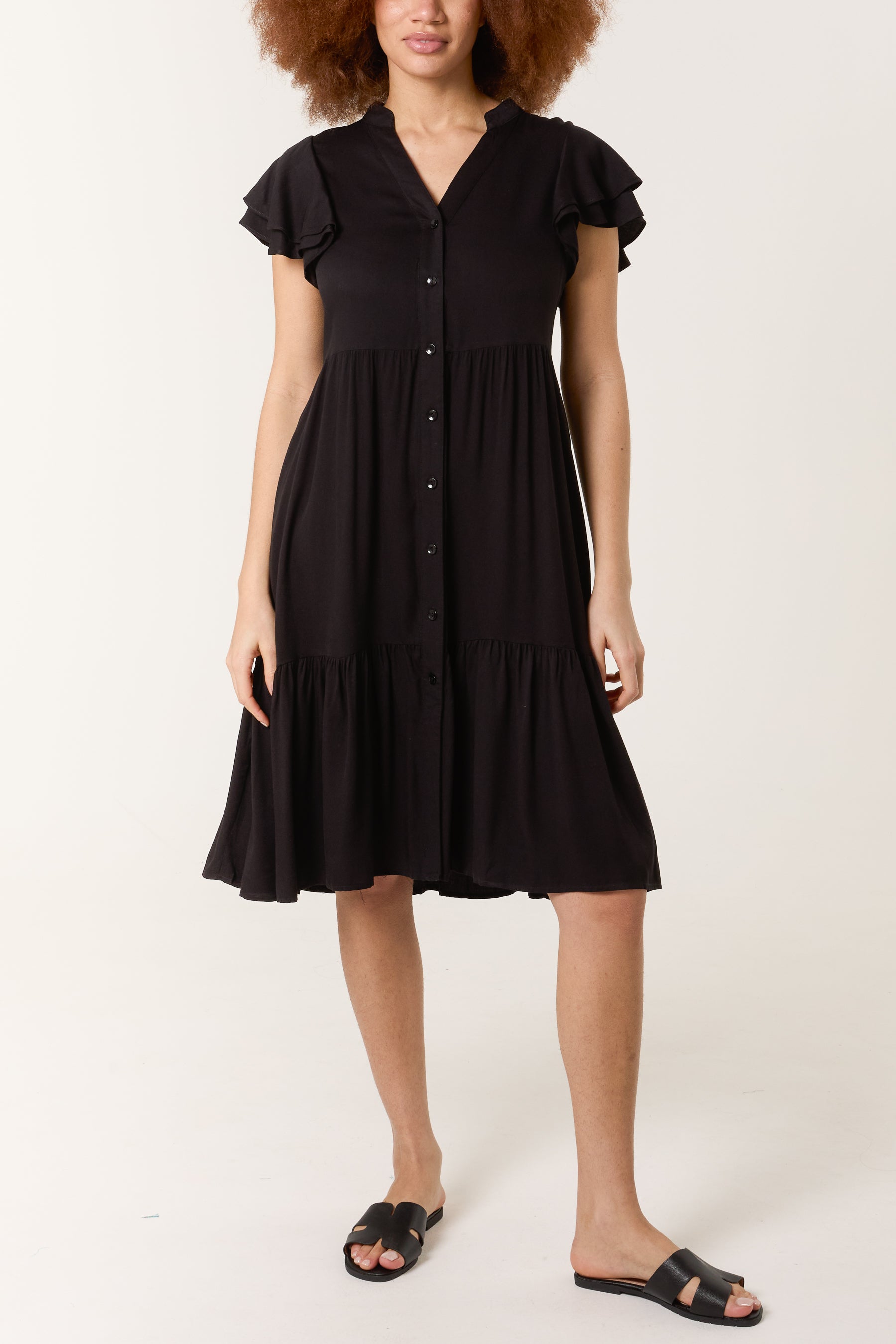 Tiered Angel Sleeve Button Dress