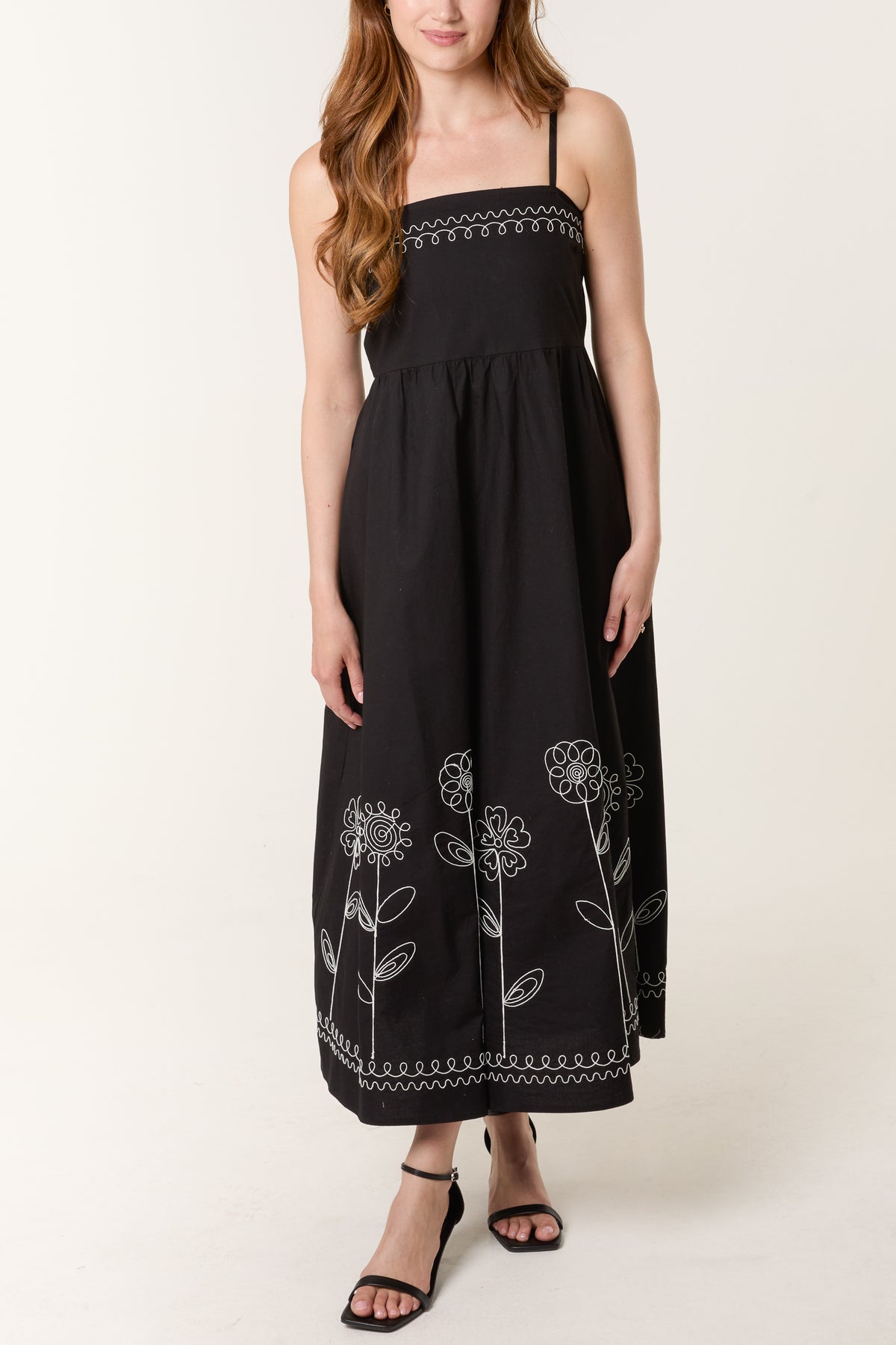 Strappy Floral Embroidered Cotton Dress