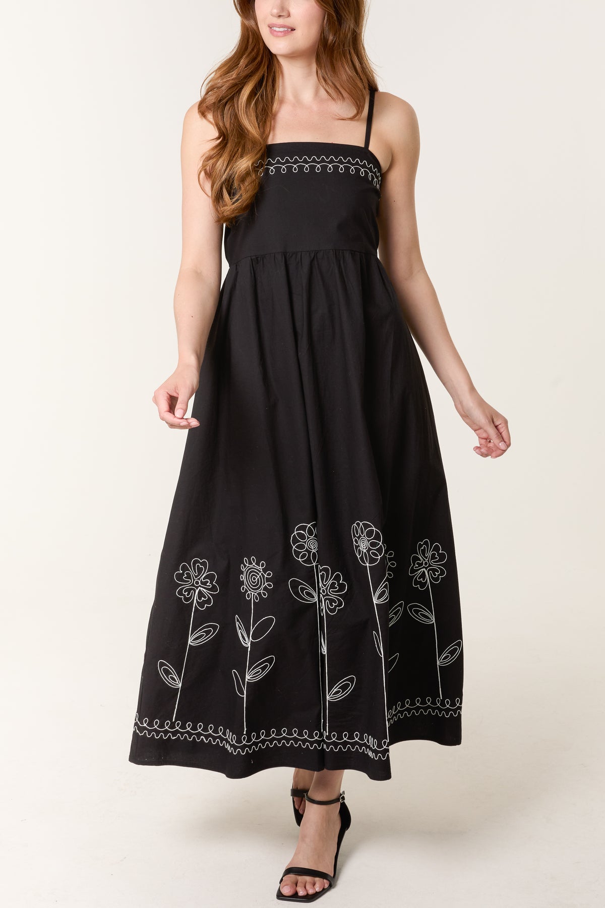 Strappy Floral Embroidered Cotton Dress
