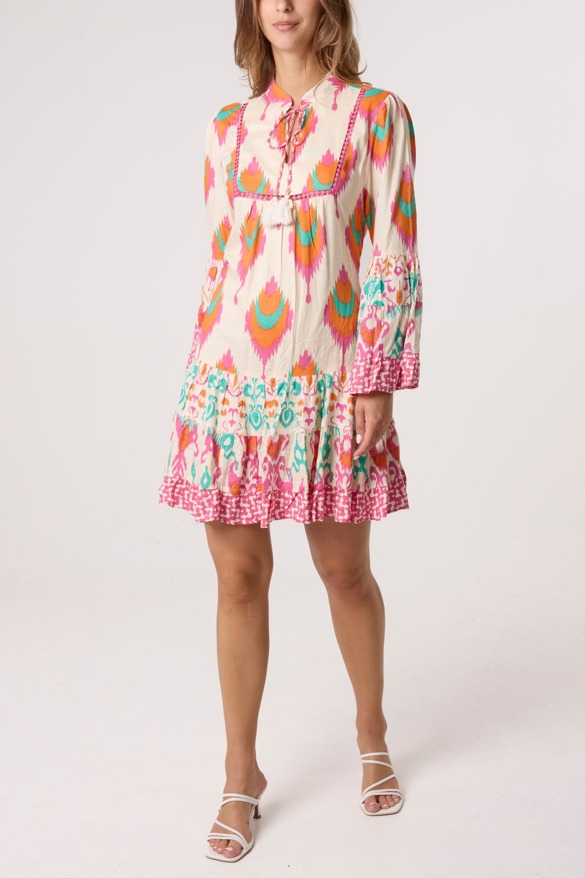 Printed Bell Sleeve Tassel Collar Dress