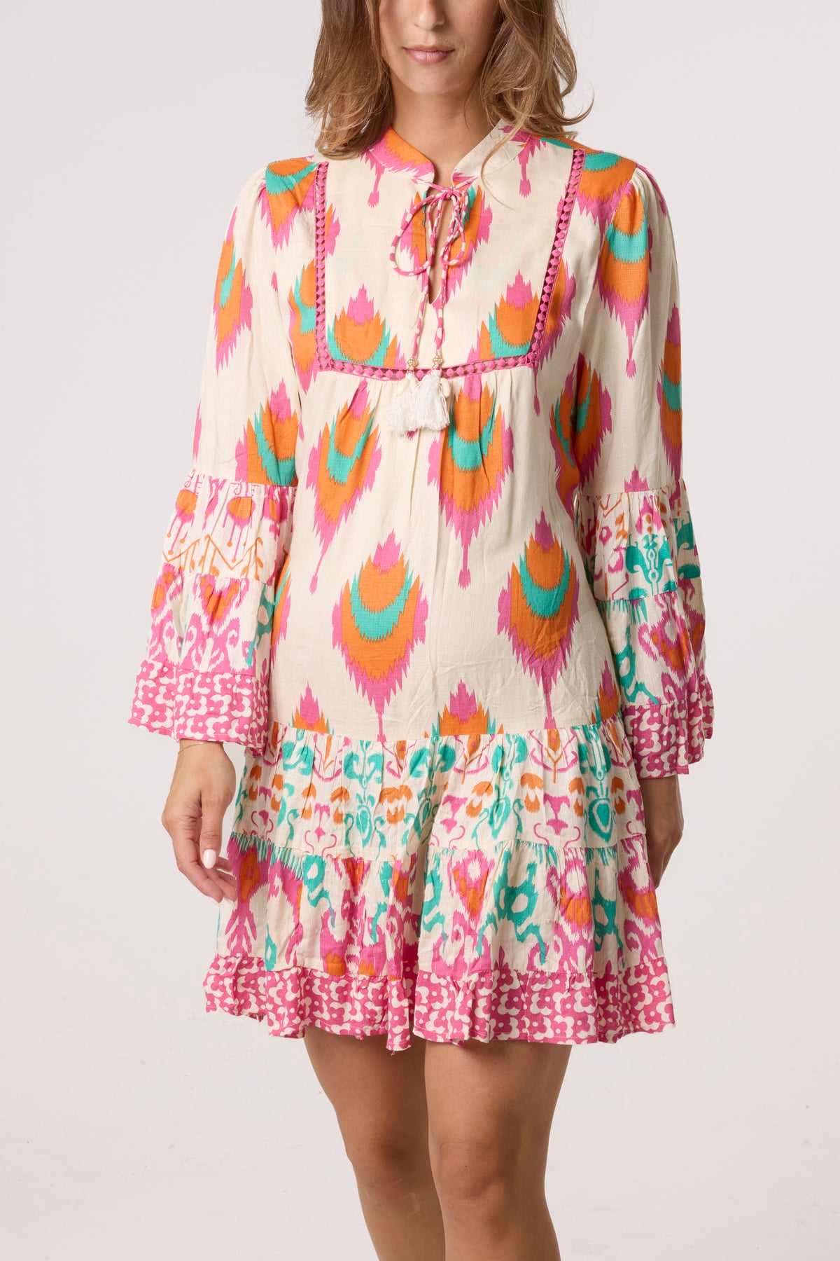 Printed Bell Sleeve Tassel Collar Dress