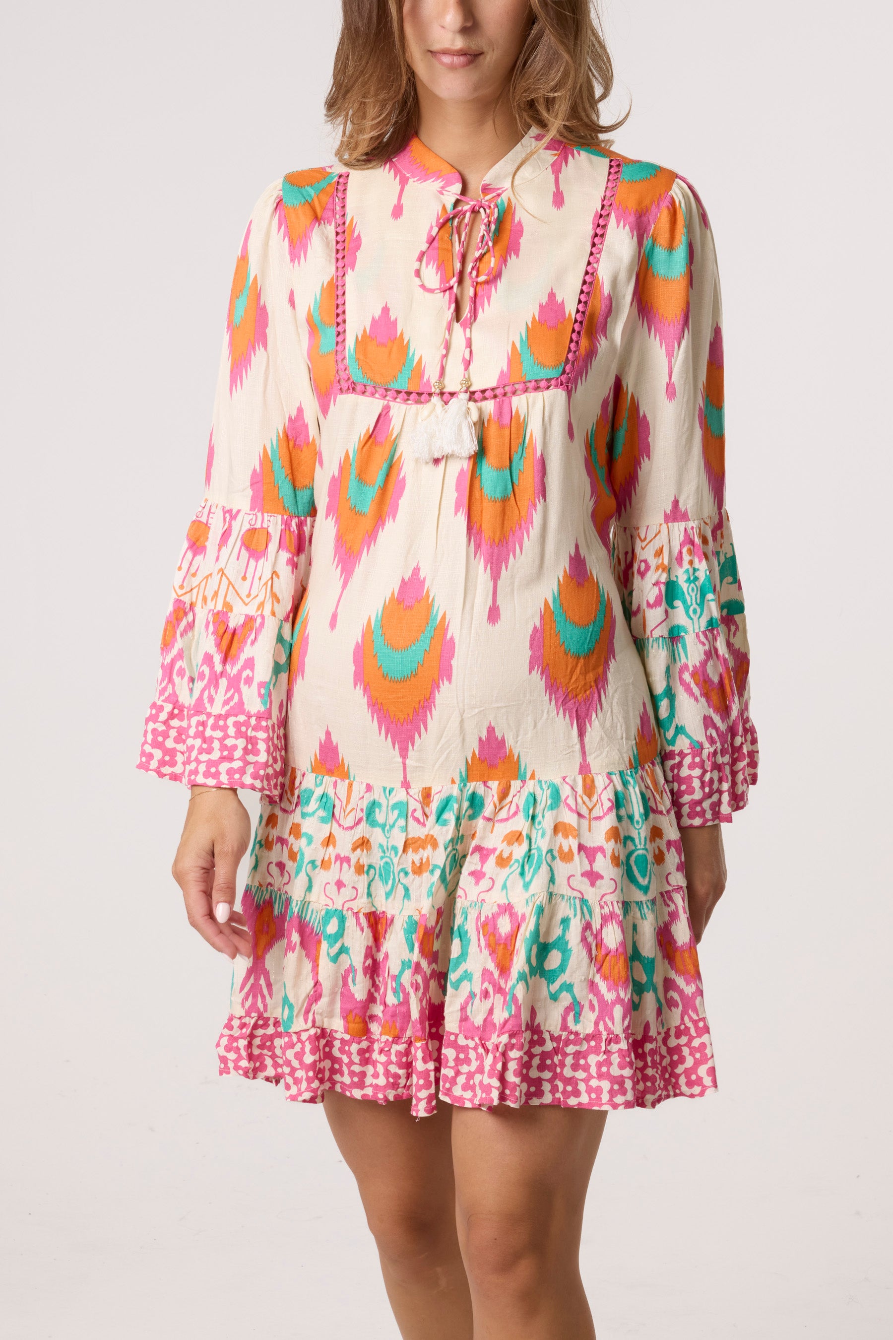 Printed Bell Sleeve Tassel Collar Dress