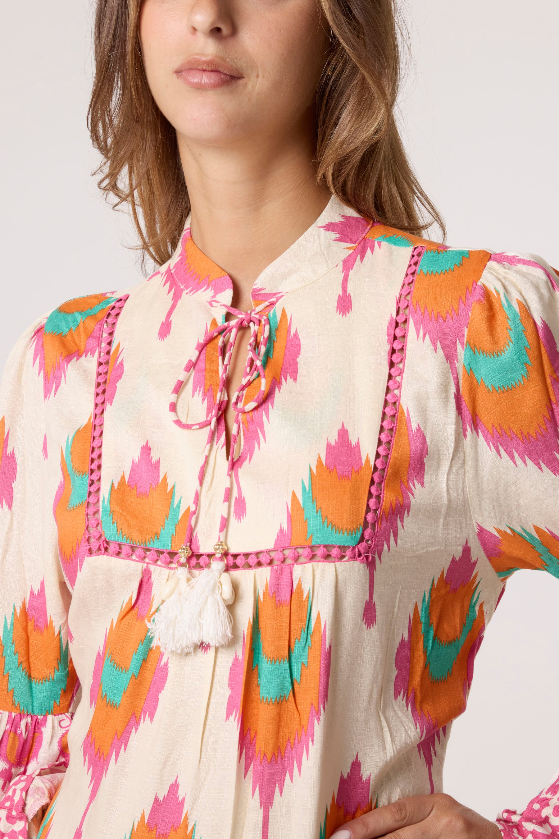 Printed Bell Sleeve Tassel Collar Dress