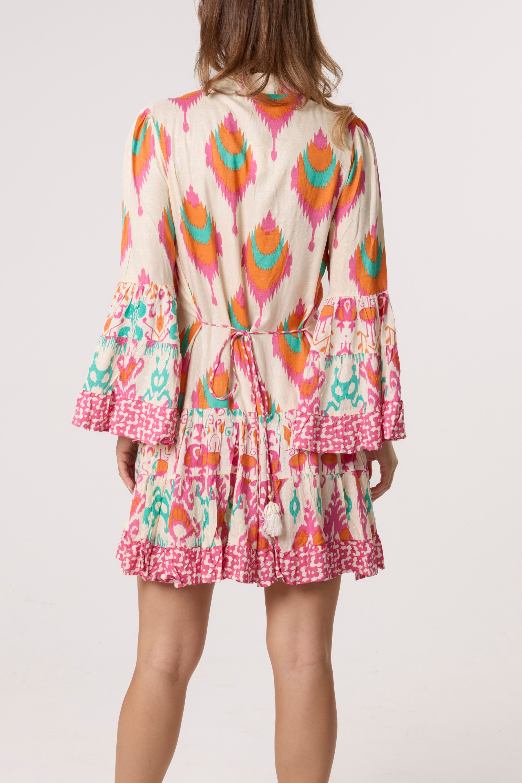 Printed Bell Sleeve Tassel Collar Dress