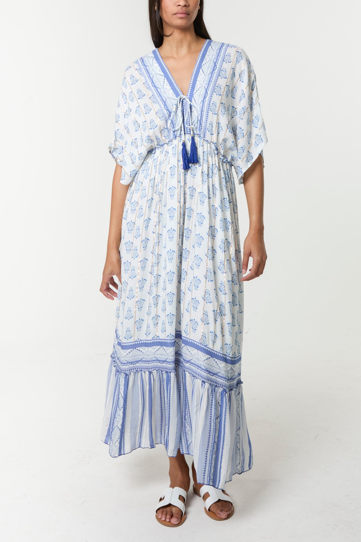 Border Print Tassel V-Neck Midi Dress