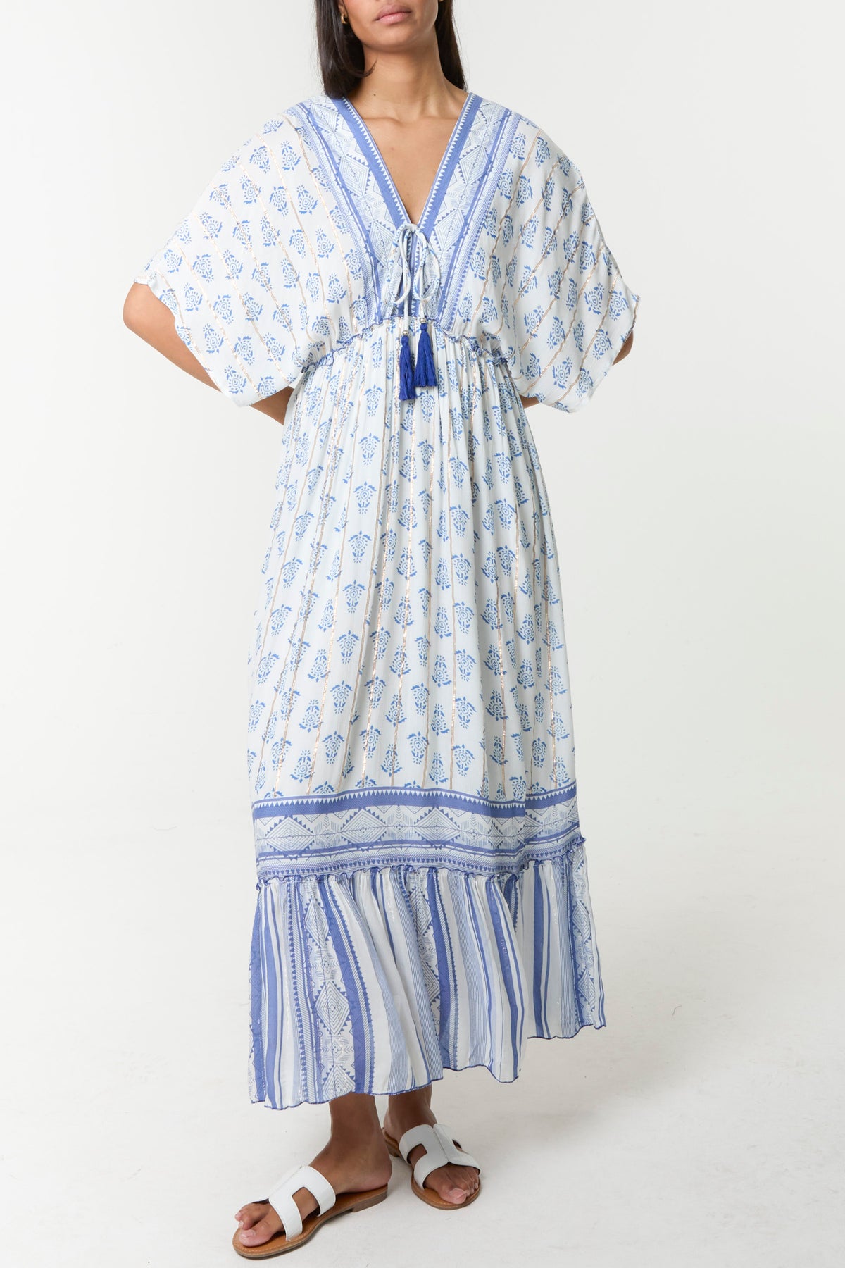 Border Print Tassel V-Neck Midi Dress