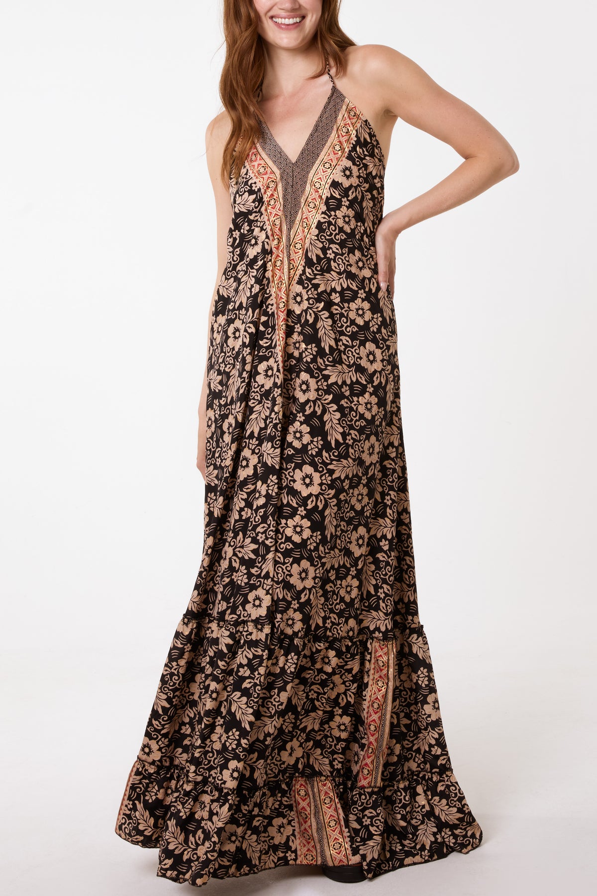 Floral & Border Halterneck Art Silk Dress