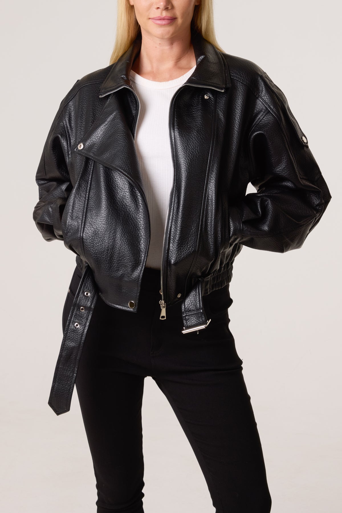 Oversized Belted PU Biker Bomber Jacket