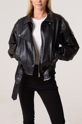 Oversized Belted PU Biker Bomber Jacket
