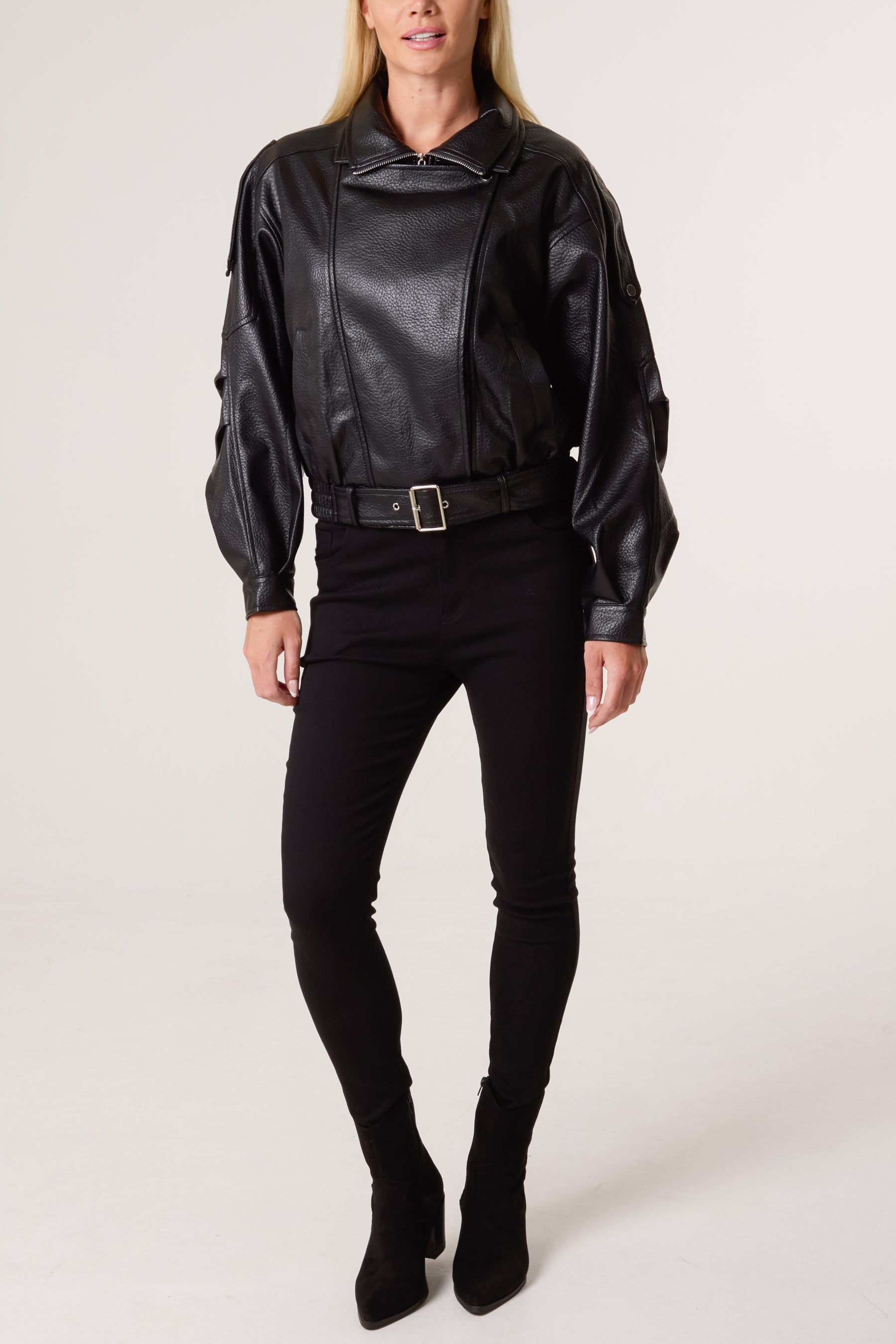 Oversized Belted PU Biker Bomber Jacket