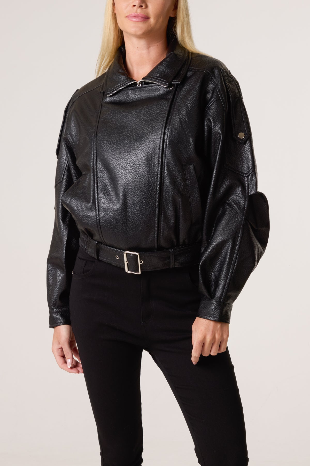 Oversized Belted PU Biker Bomber Jacket