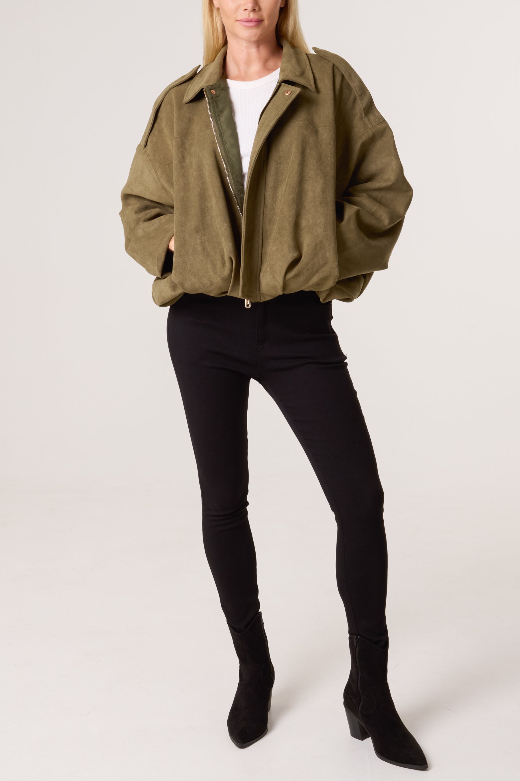 Suede Puffball Bomber Jacket