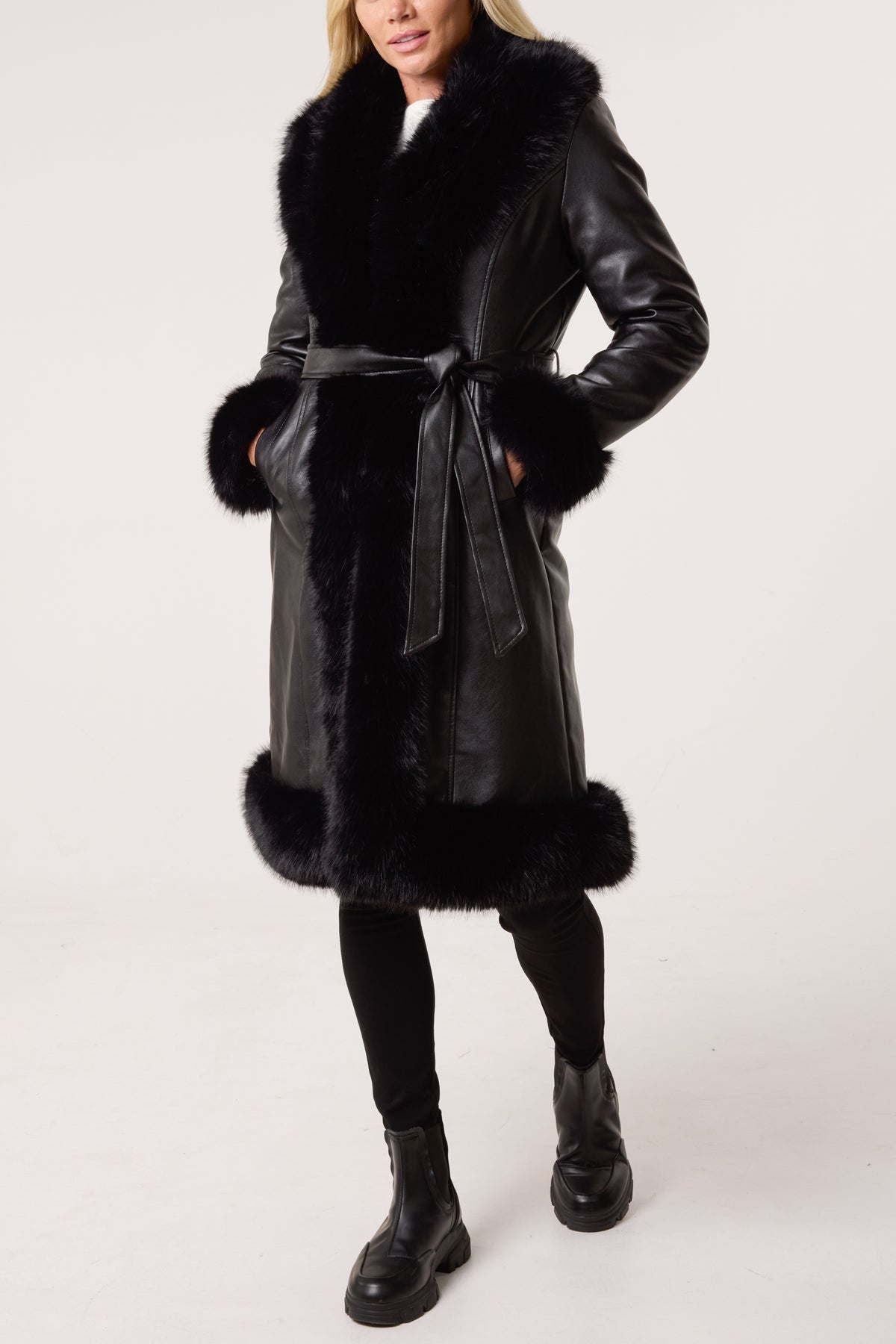 Faux Fur Trim PU Leather Long Coat