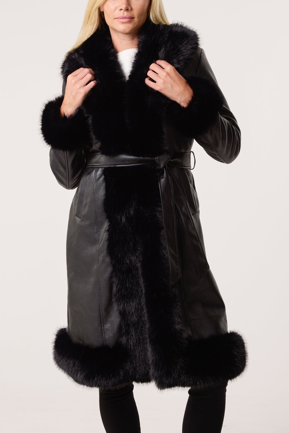 Faux Fur Trim PU Leather Long Coat