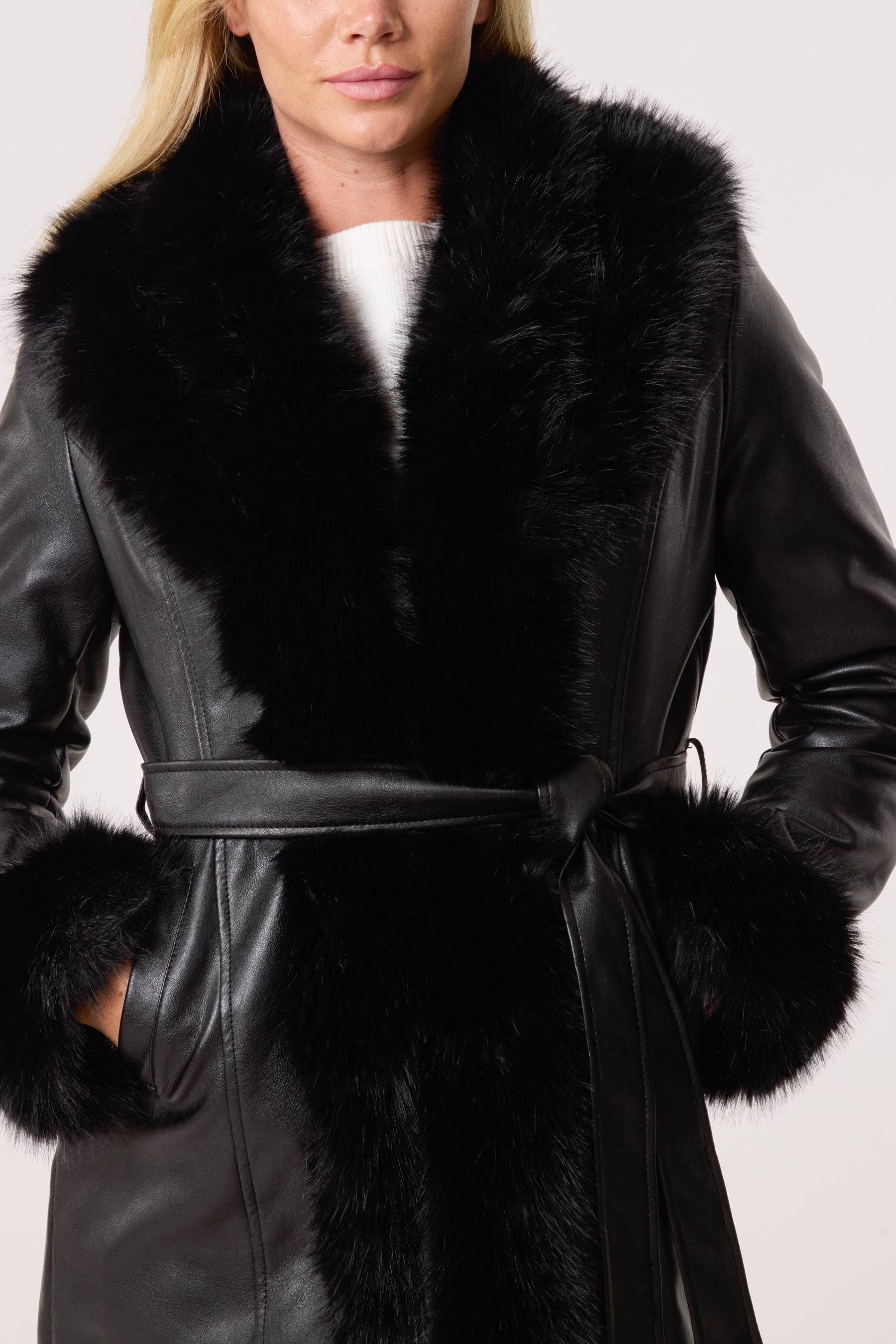 Faux Fur Trim PU Leather Long Coat