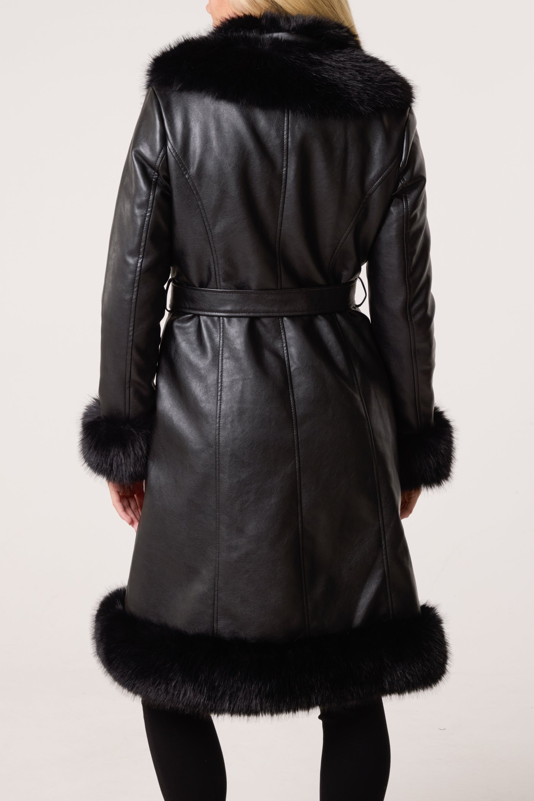 Faux Fur Trim PU Leather Long Coat