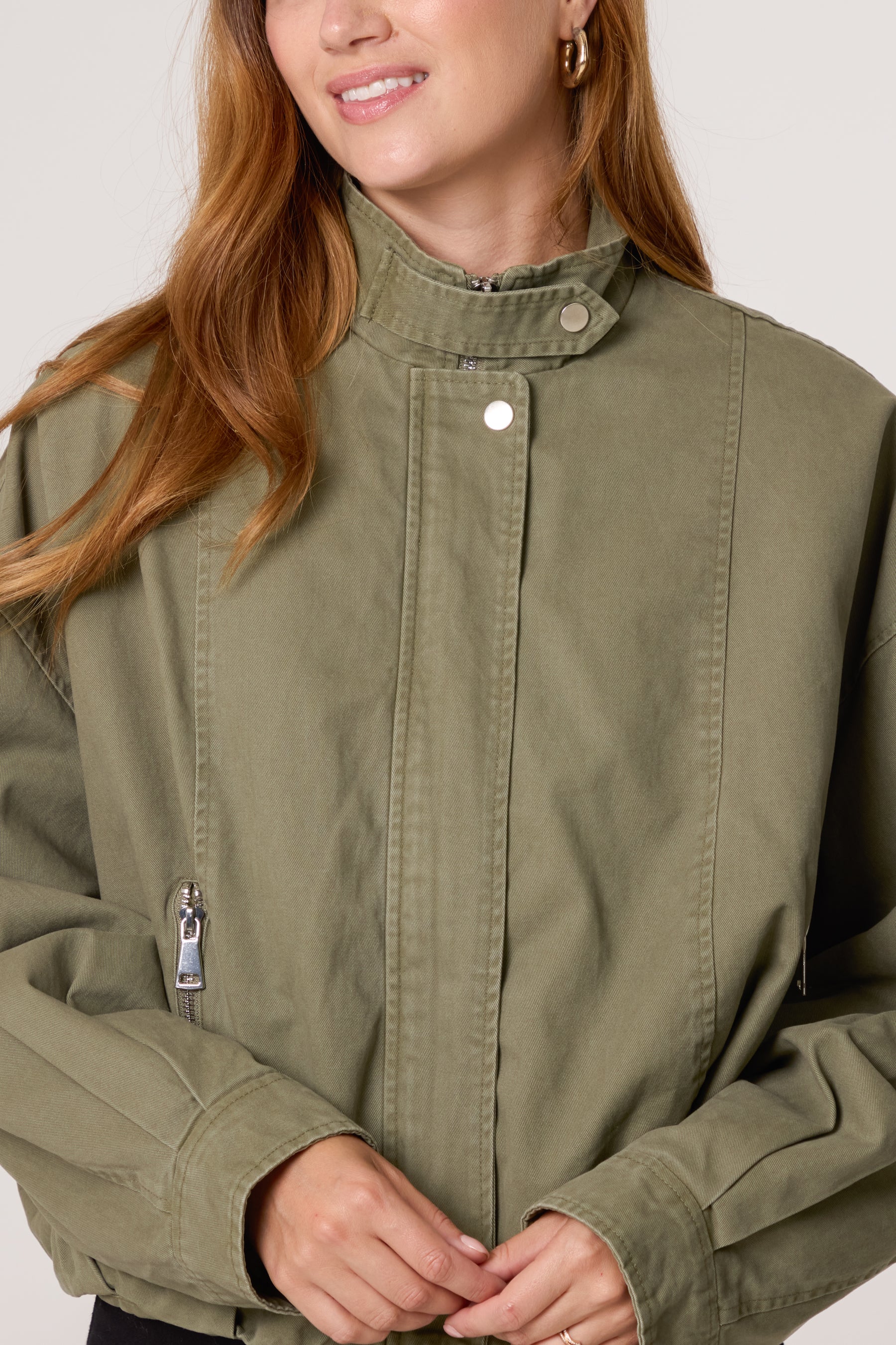 Cotton High Neck Utility Cropped Jacket