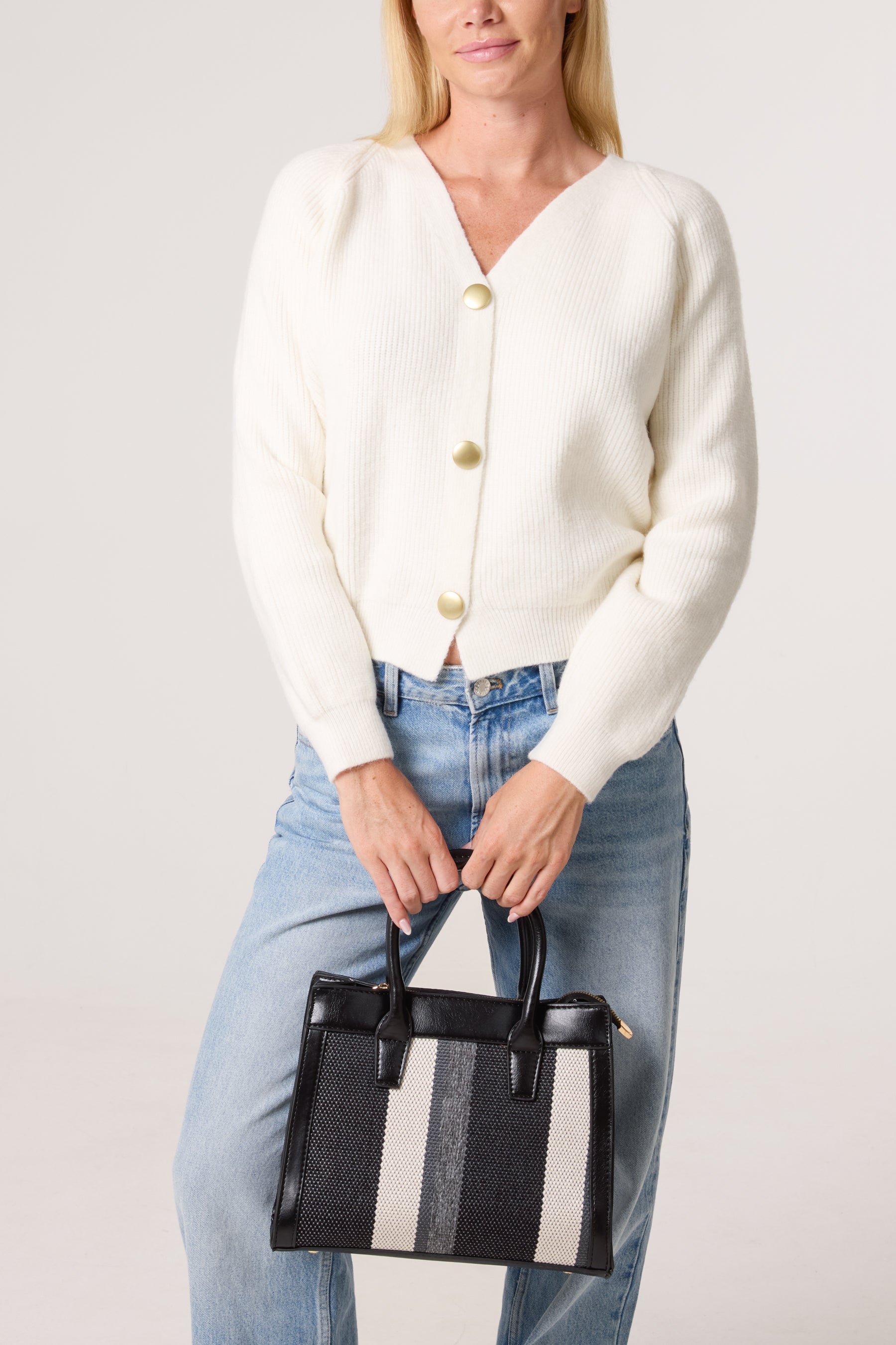 Canvas Stripe Handbag w/ Strap & Clutch Purse