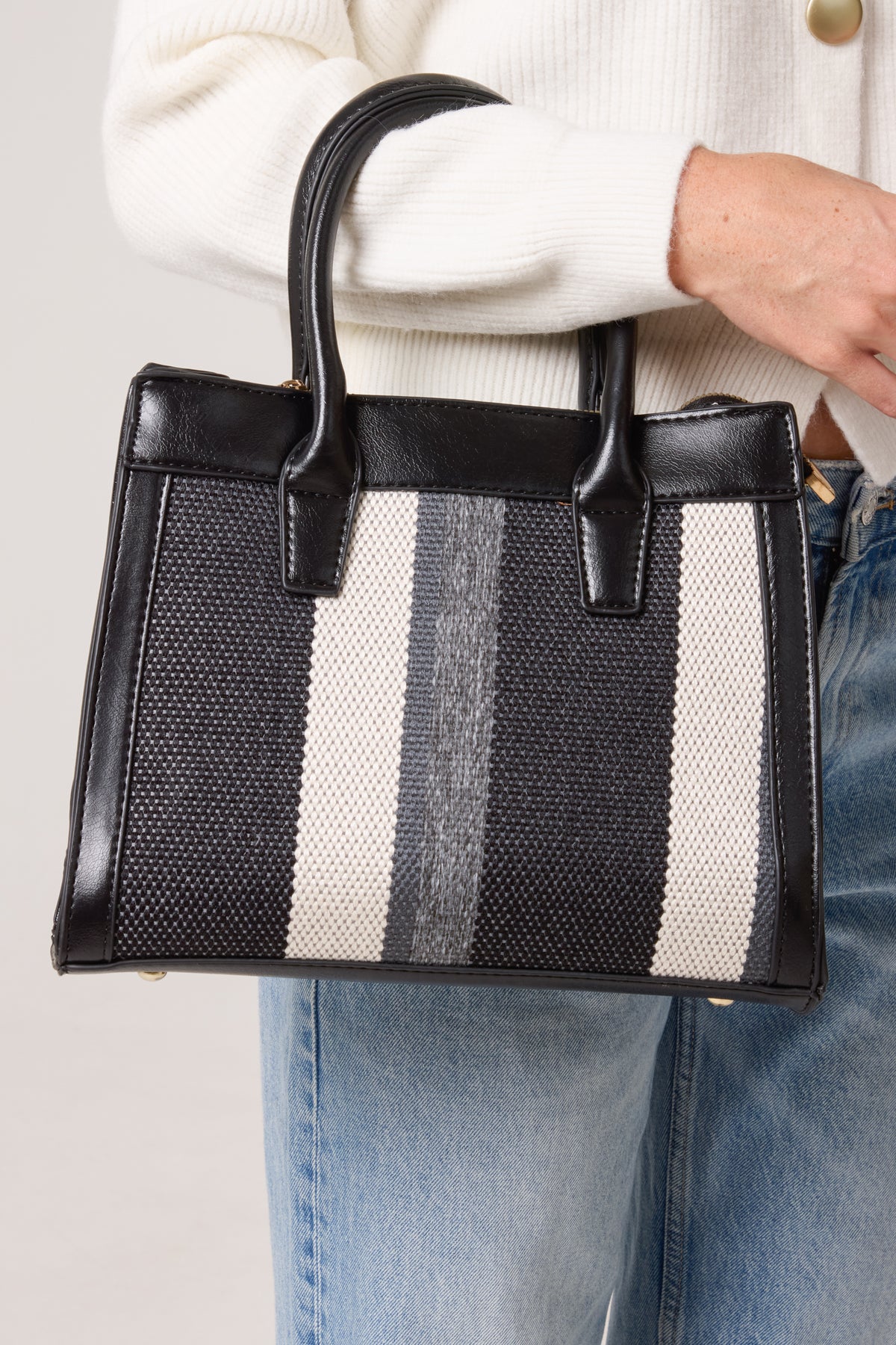Canvas Stripe Handbag w/ Strap & Clutch Purse