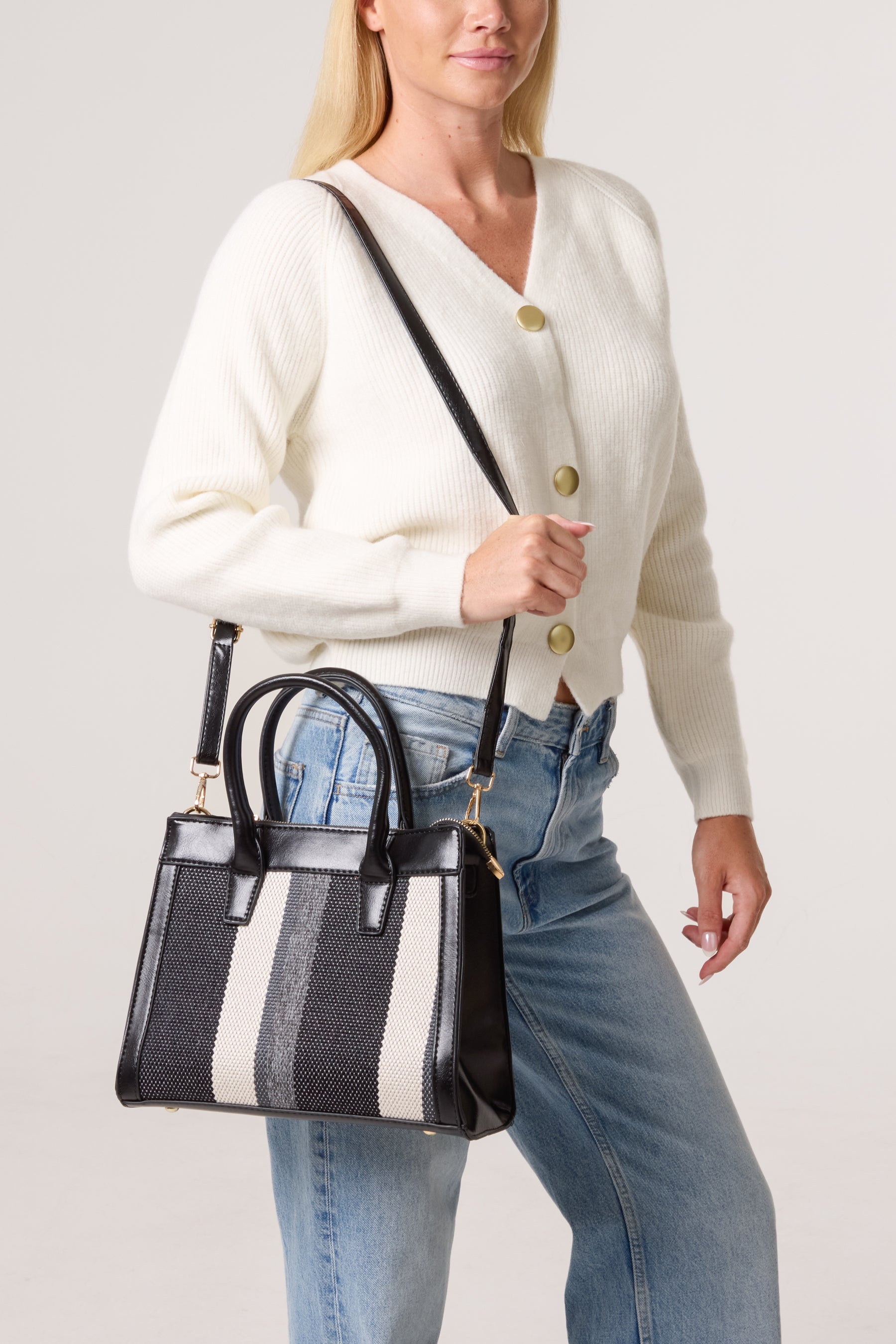 Canvas Stripe Handbag w/ Strap & Clutch Purse