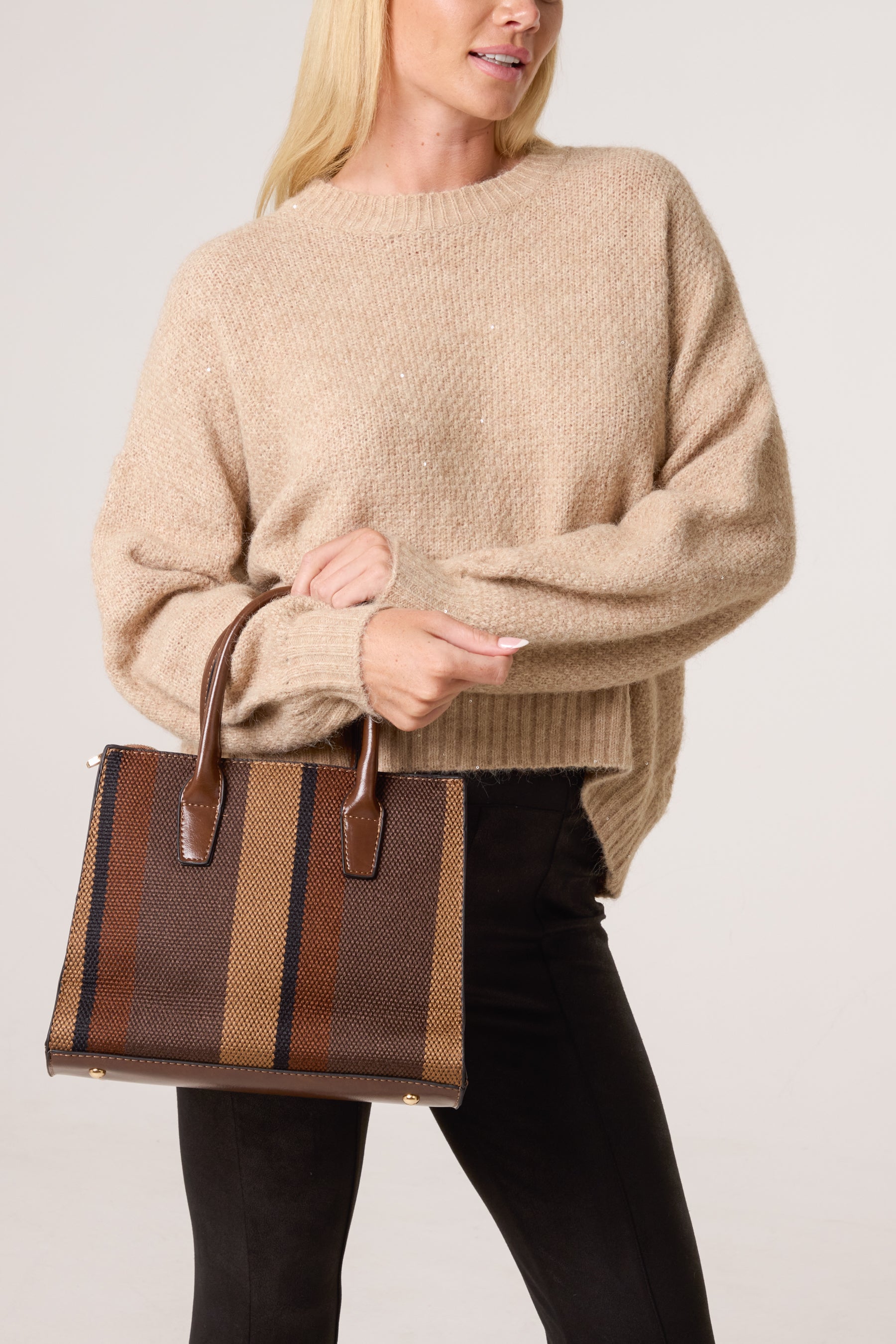 Canvas Stripe Handbag w/ Strap & Clutch Purse