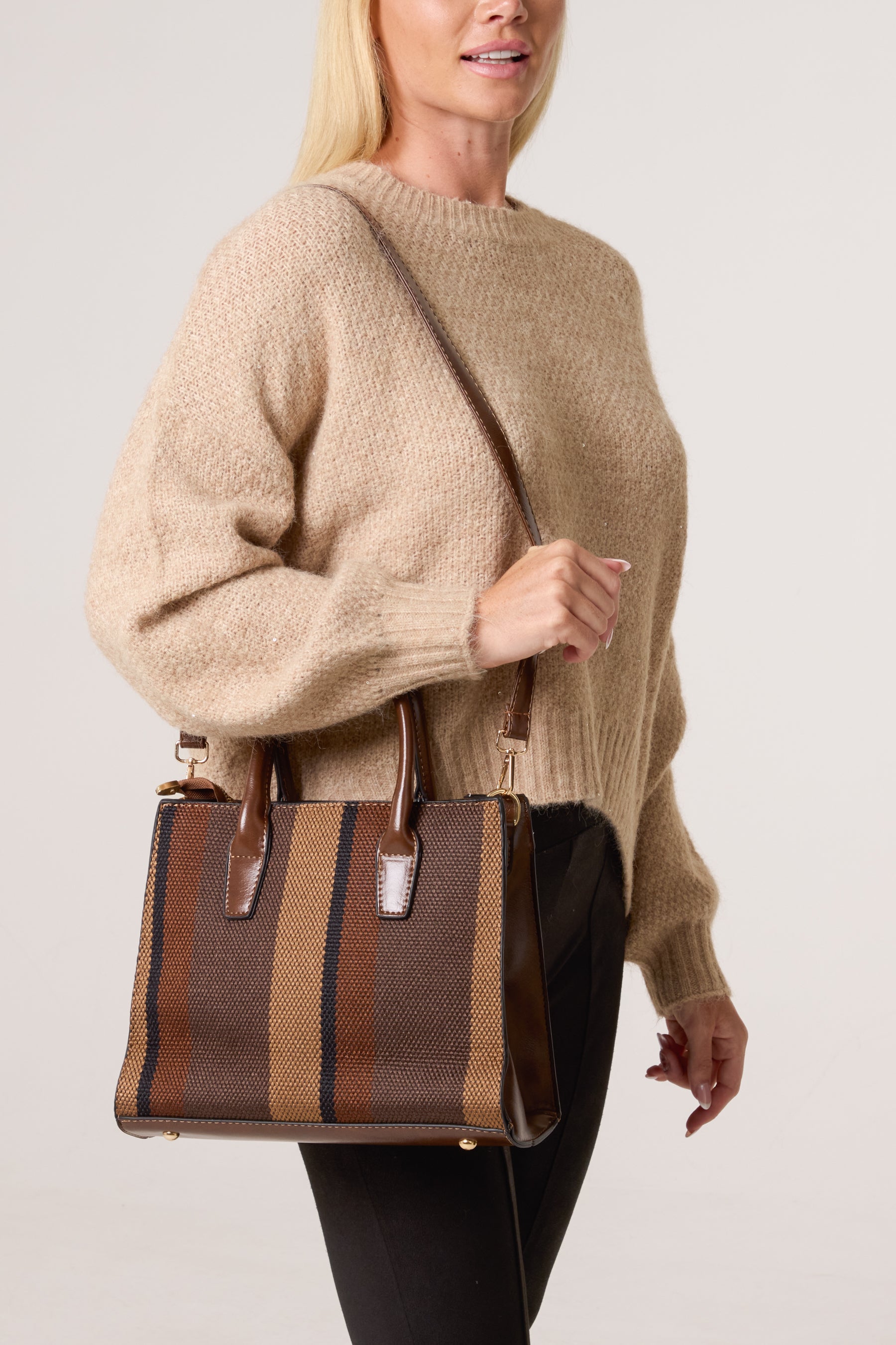 Canvas Stripe Handbag w/ Strap & Clutch Purse