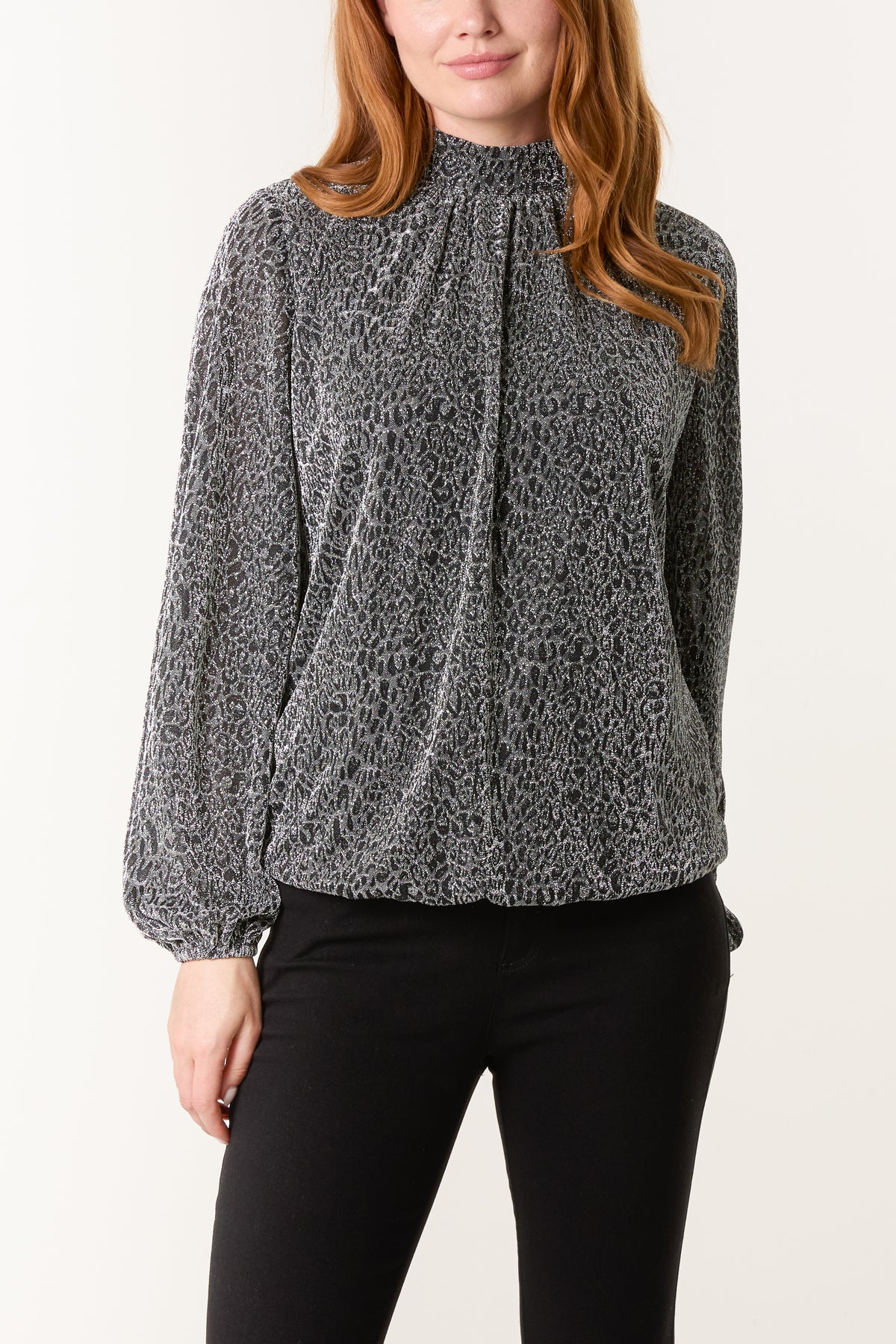 Metallic Animal High Neck Puffball Top