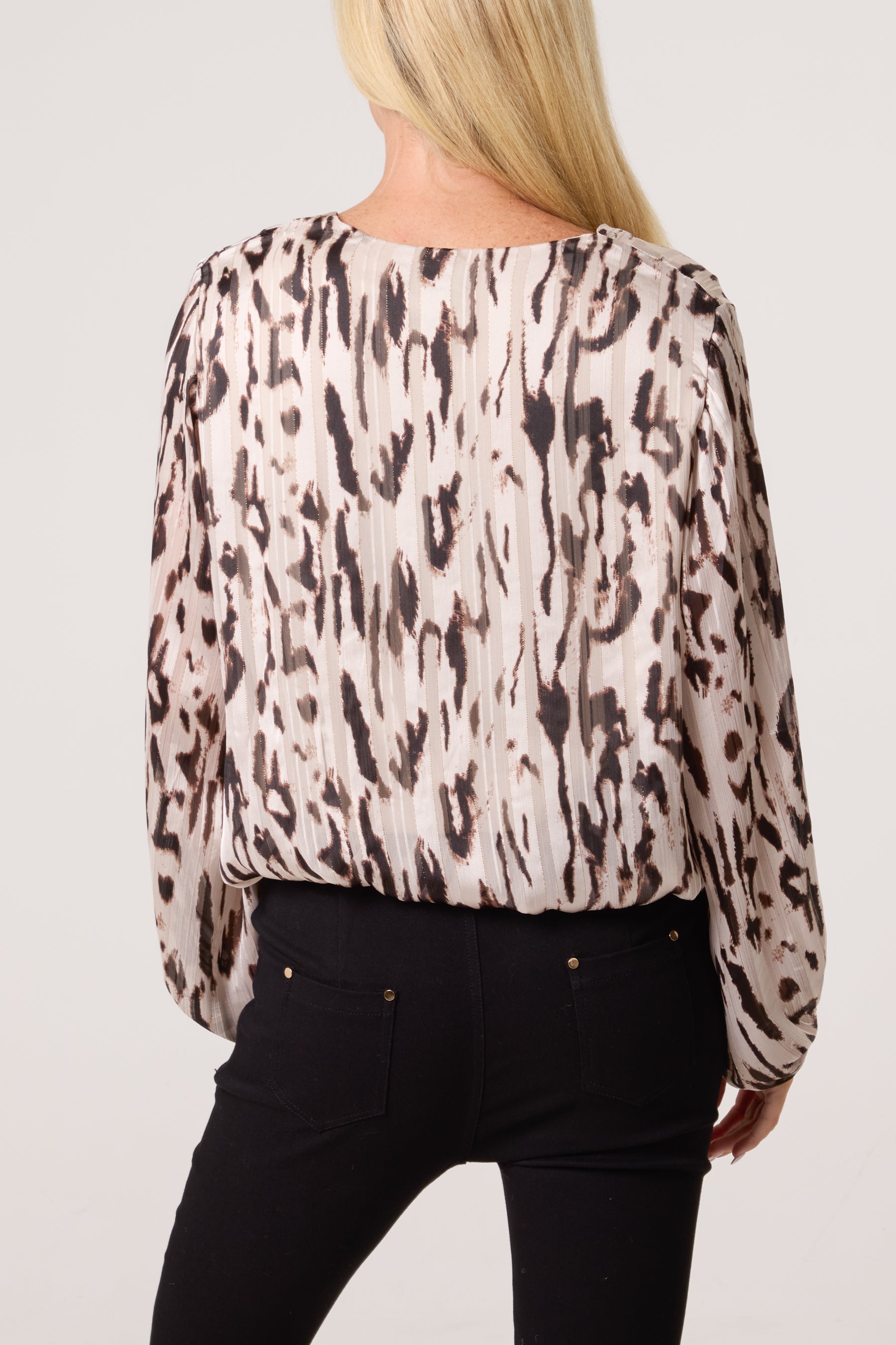Glitter Animal Puffball V-Neck Blouse