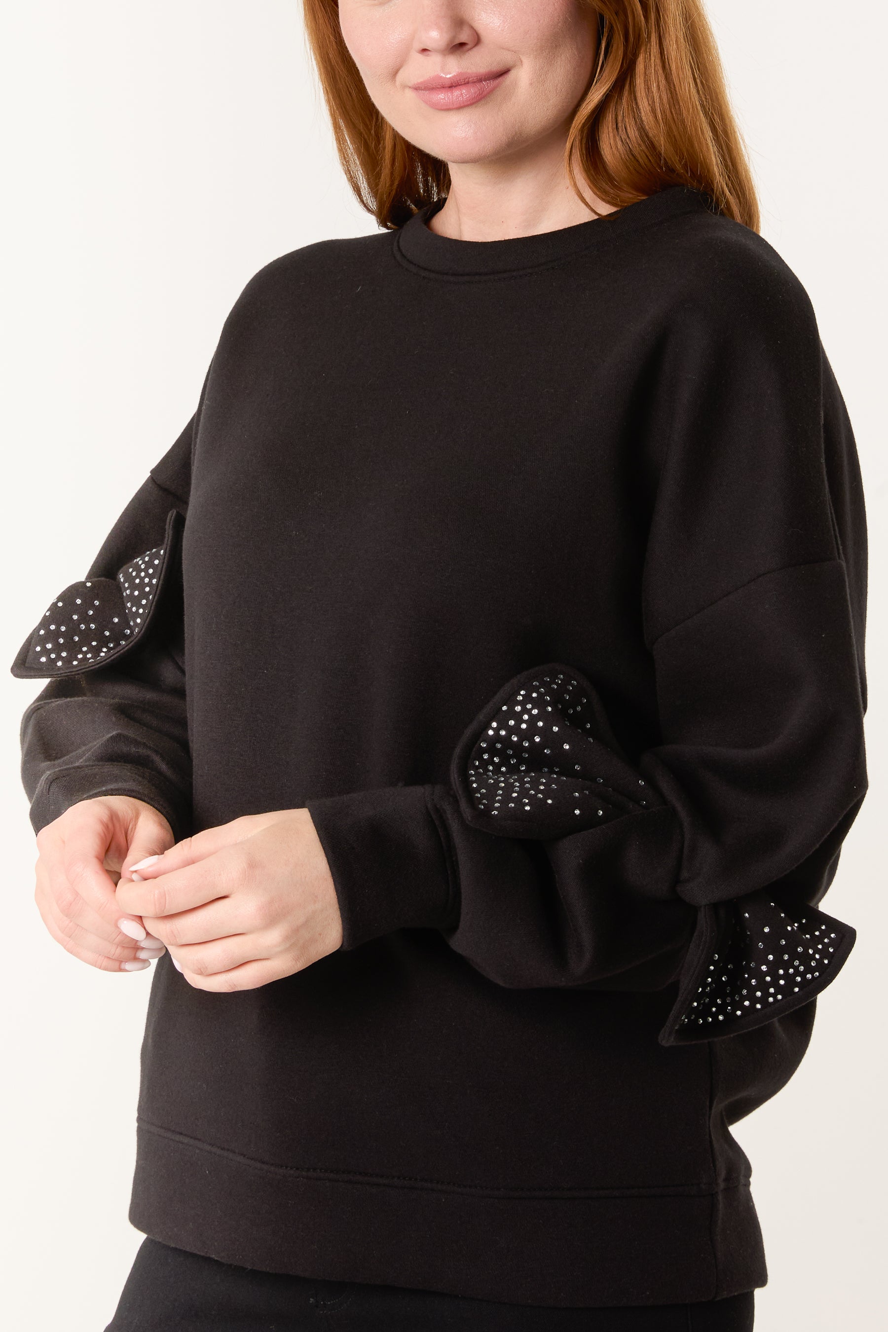 Embellished Bow Sleeve Sweatshirt