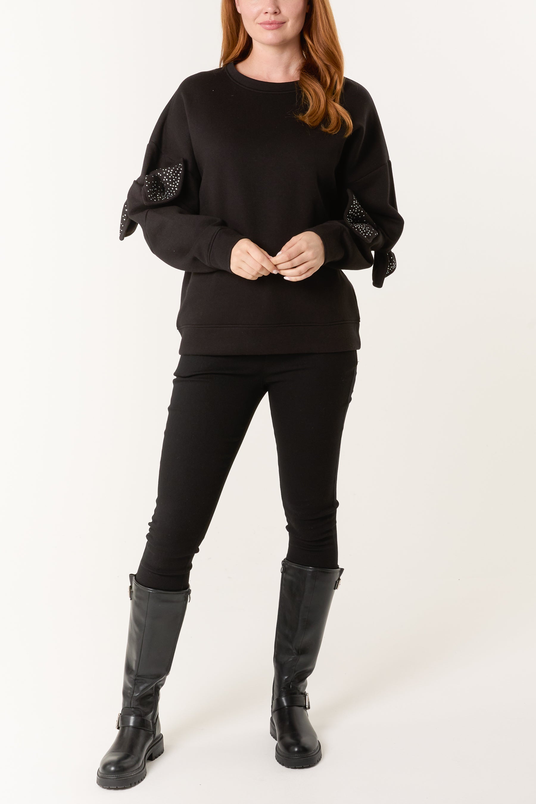 Embellished Bow Sleeve Sweatshirt