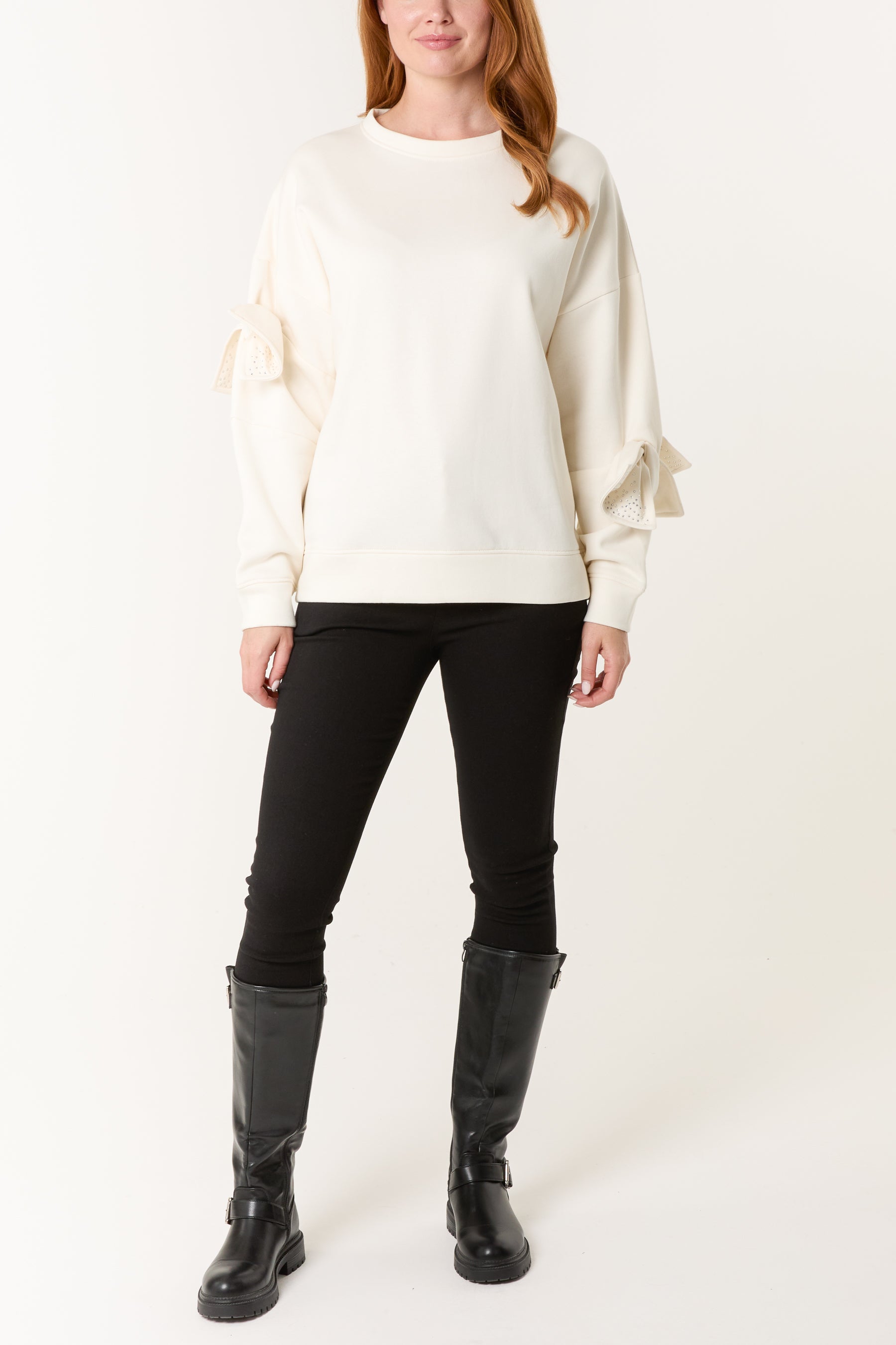 Embellished Bow Sleeve Sweatshirt