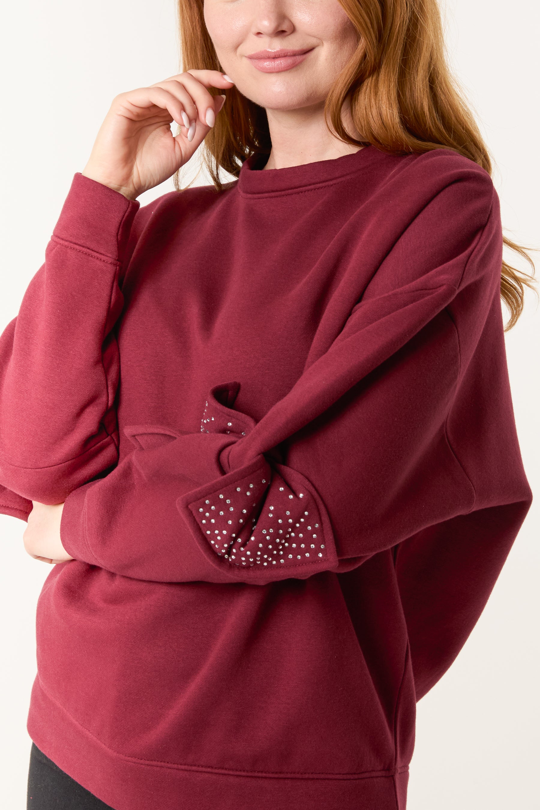 Embellished Bow Sleeve Sweatshirt