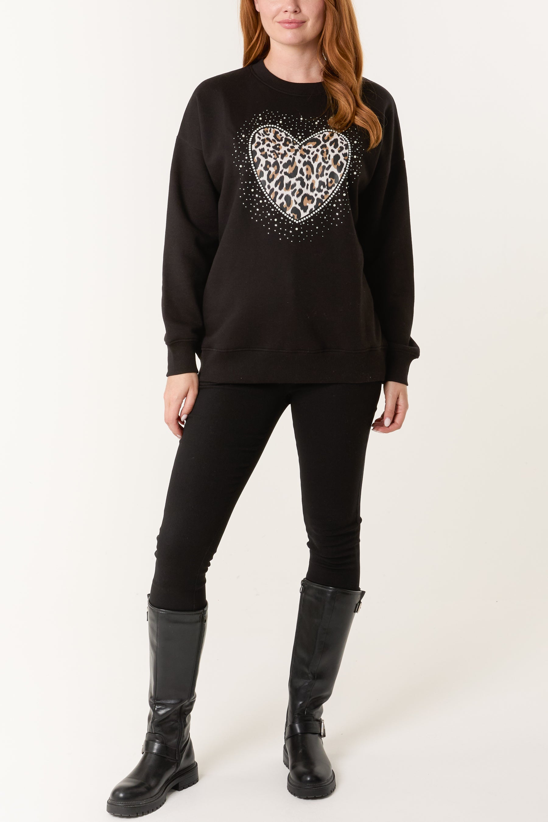 Embellished Animal Print Love Heart Sweatshirt