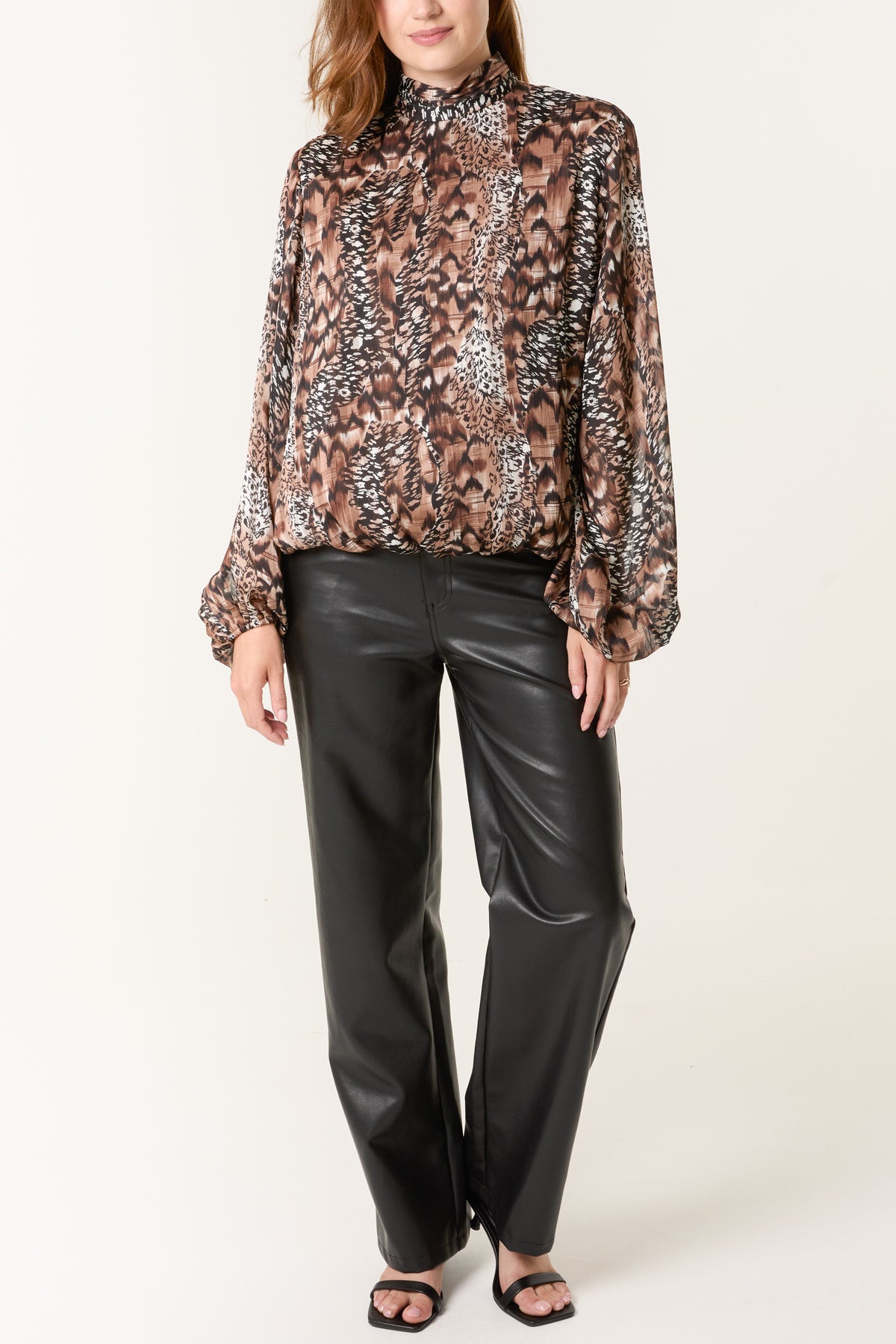 Mixed Animal Print Bubble Hem Blouse