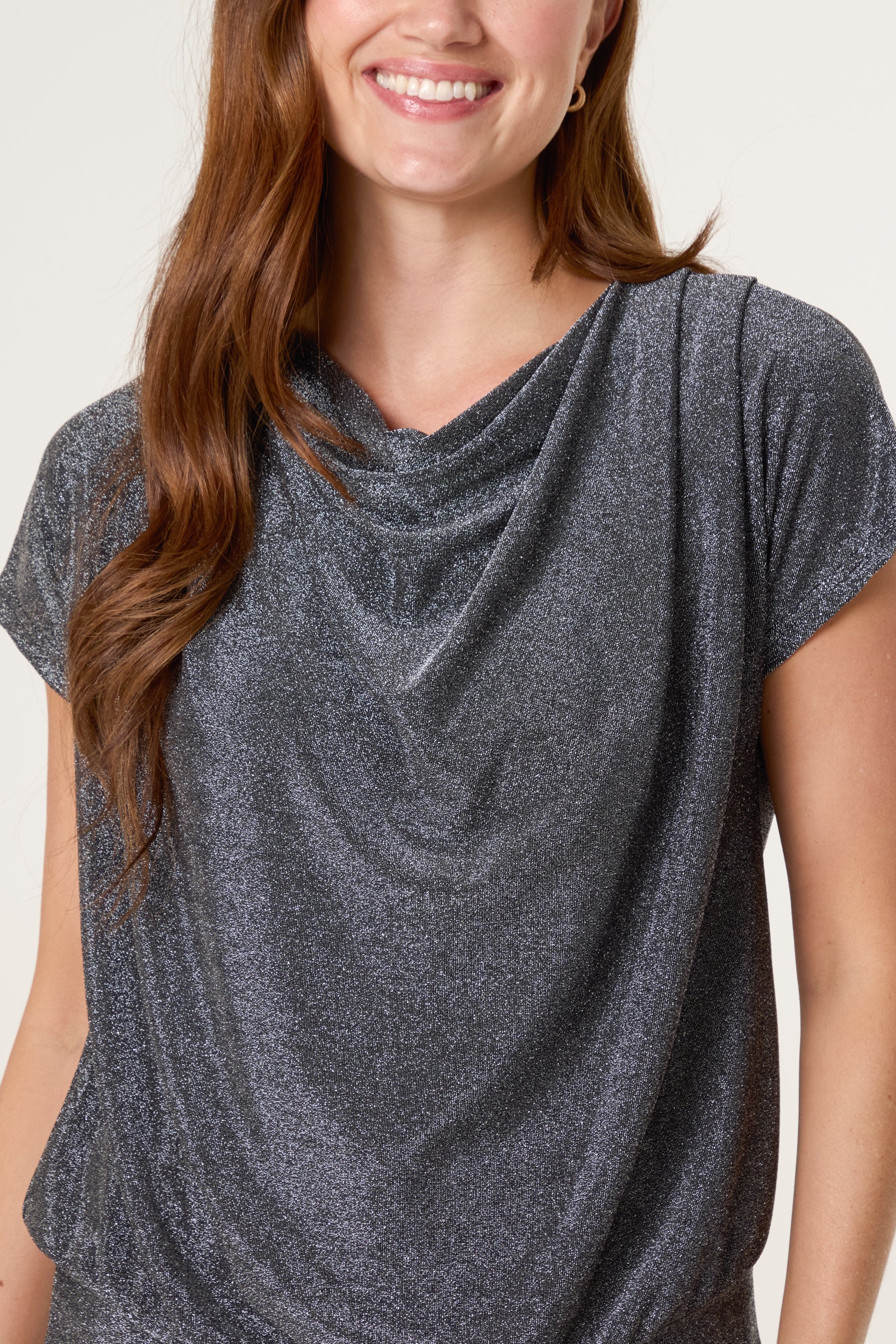 Cowl Neck Metallic Draped Top