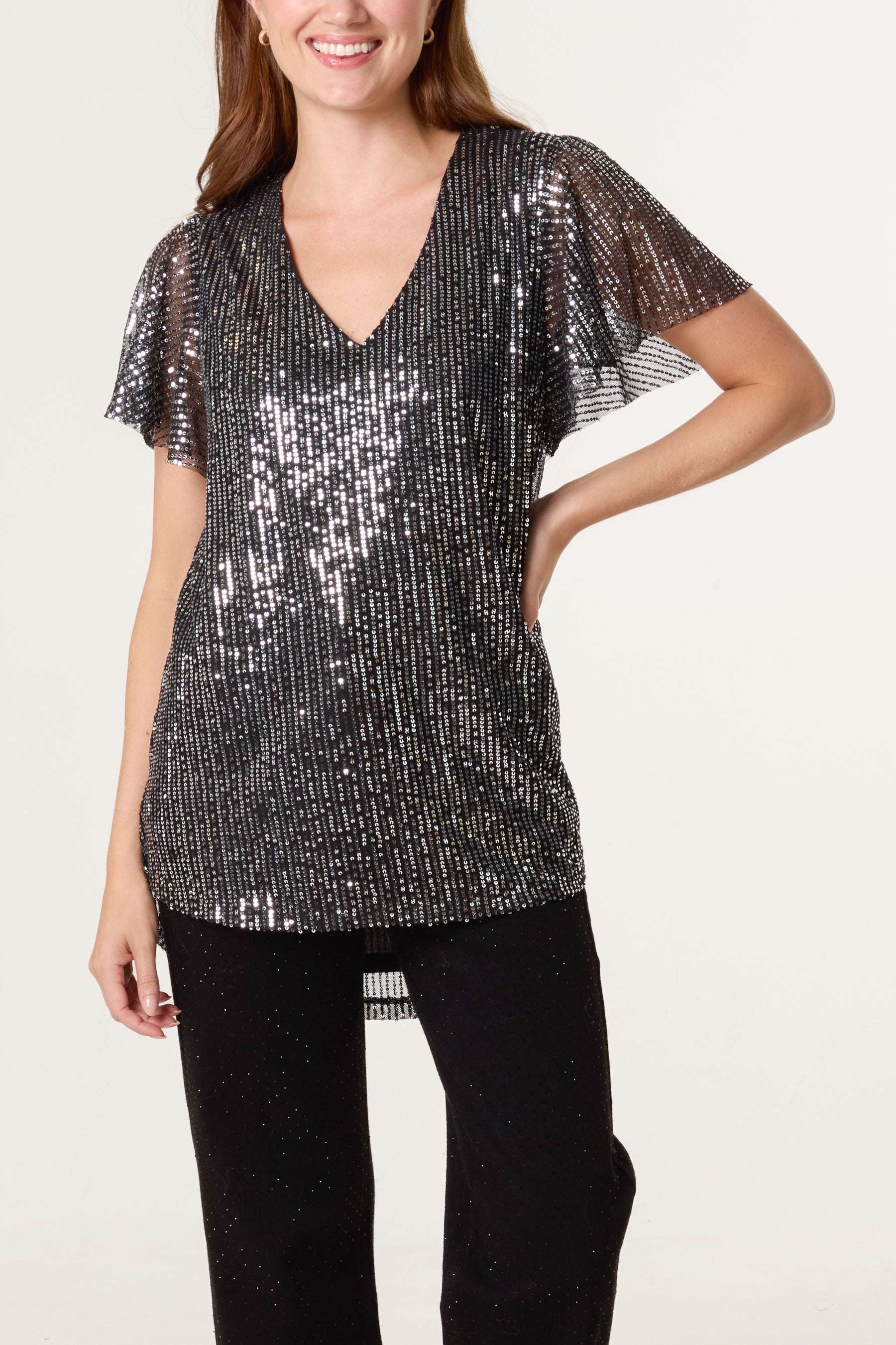 Angel Sleeve V-Neck Sequin Top