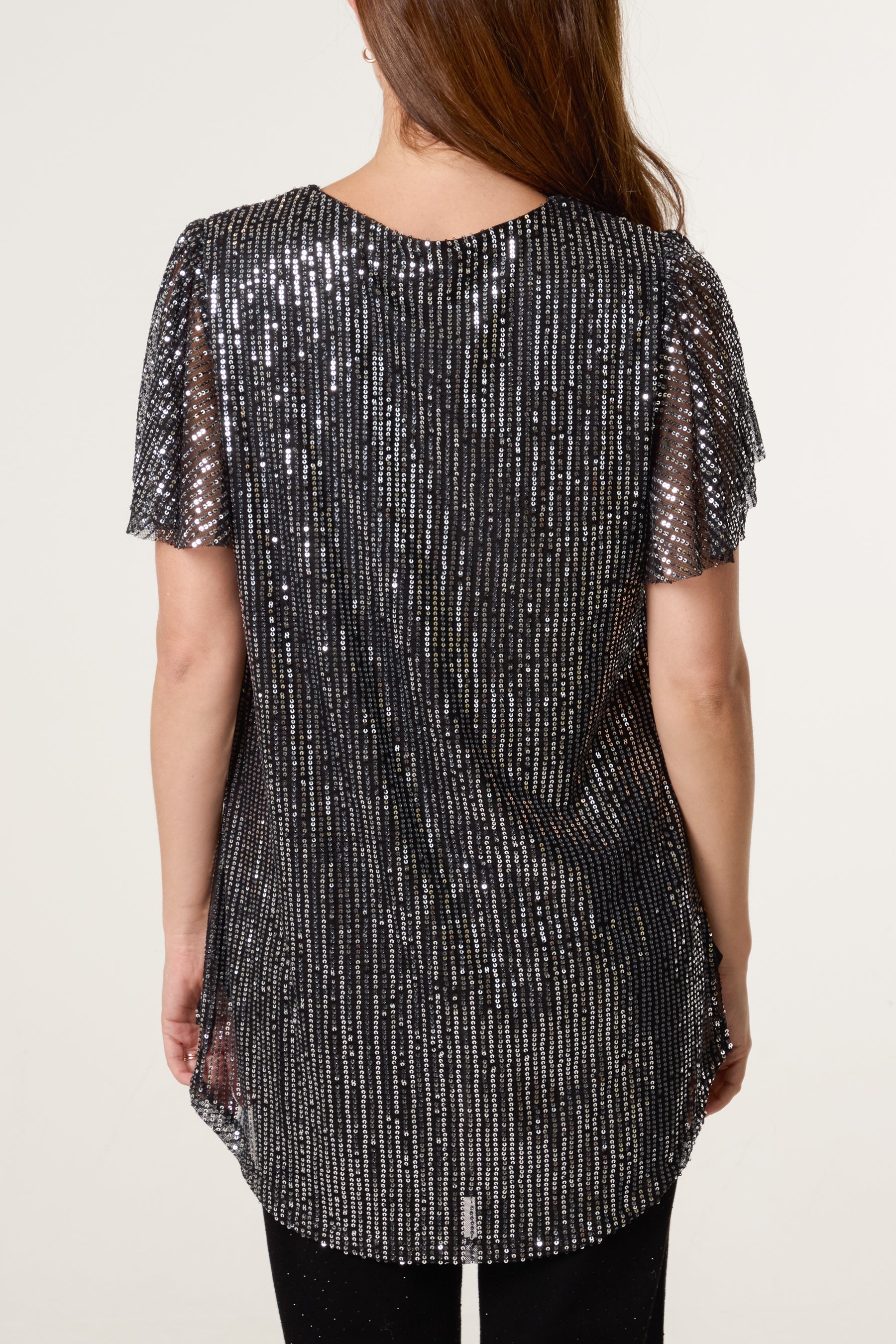 Angel Sleeve V-Neck Sequin Top