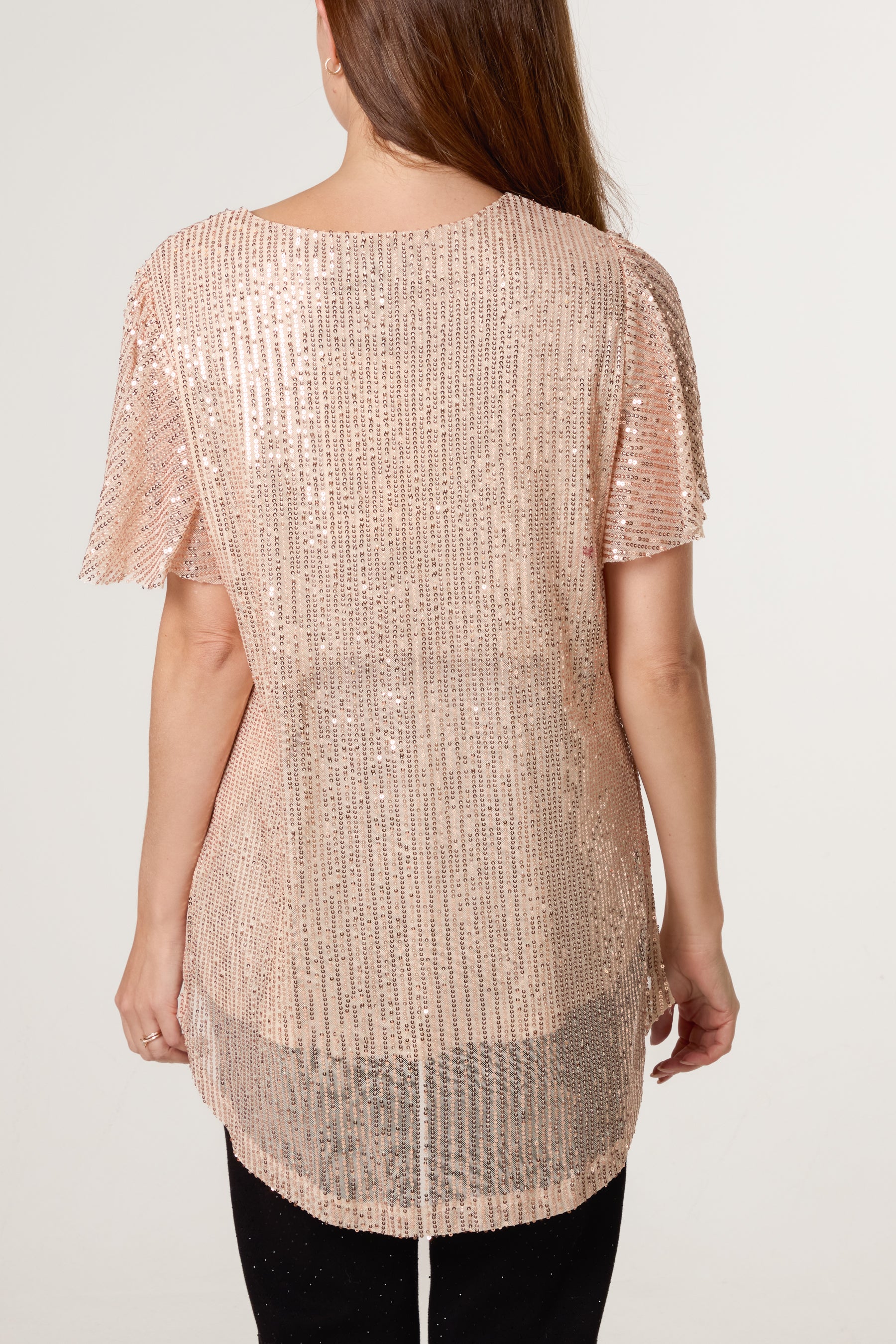 Angel Sleeve V-Neck Sequin Top