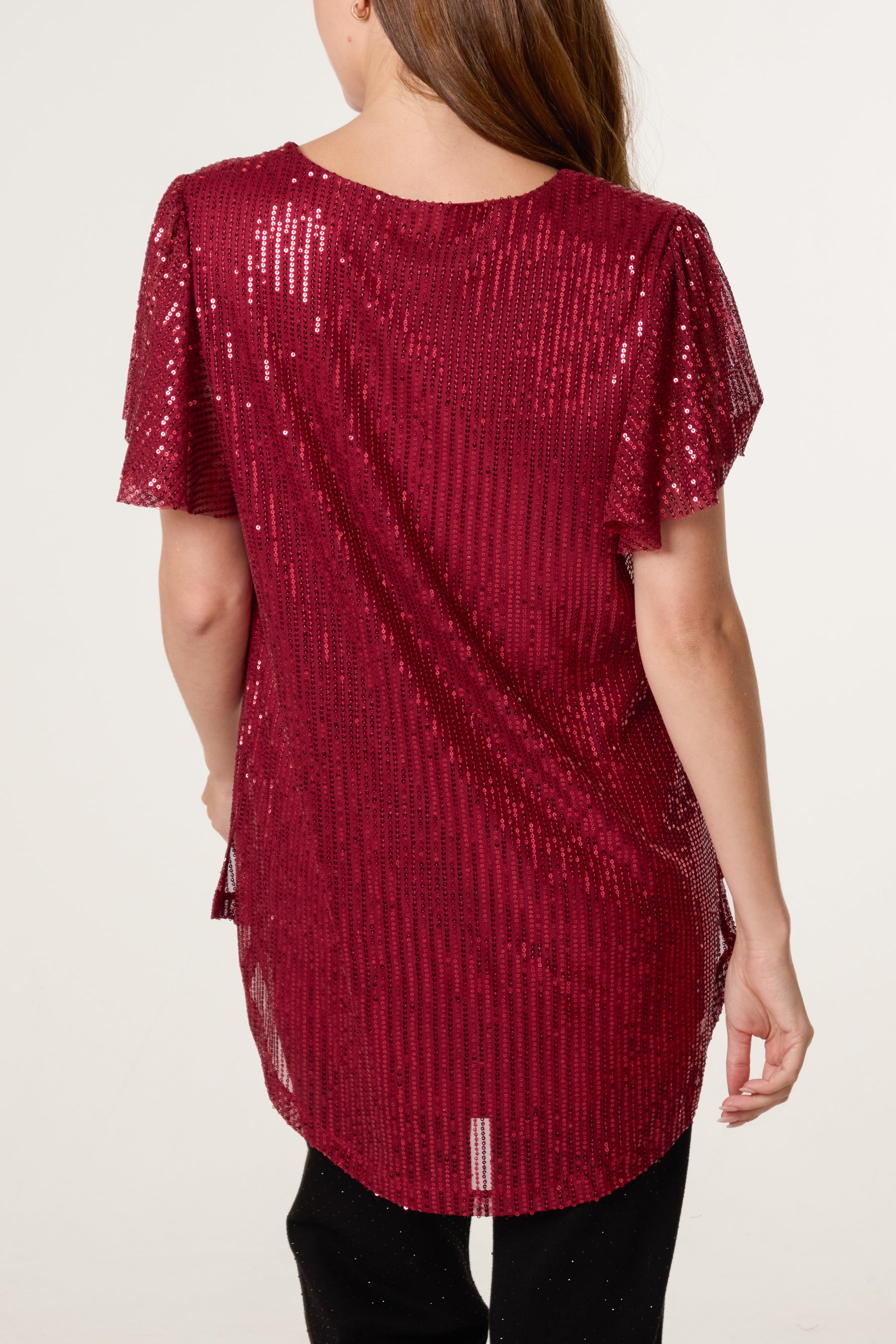Angel Sleeve V-Neck Sequin Top