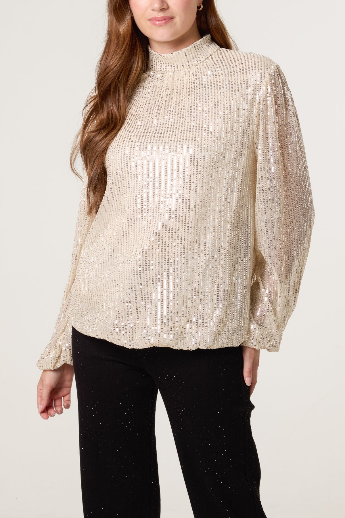 Sequin High Neck Puffball Top