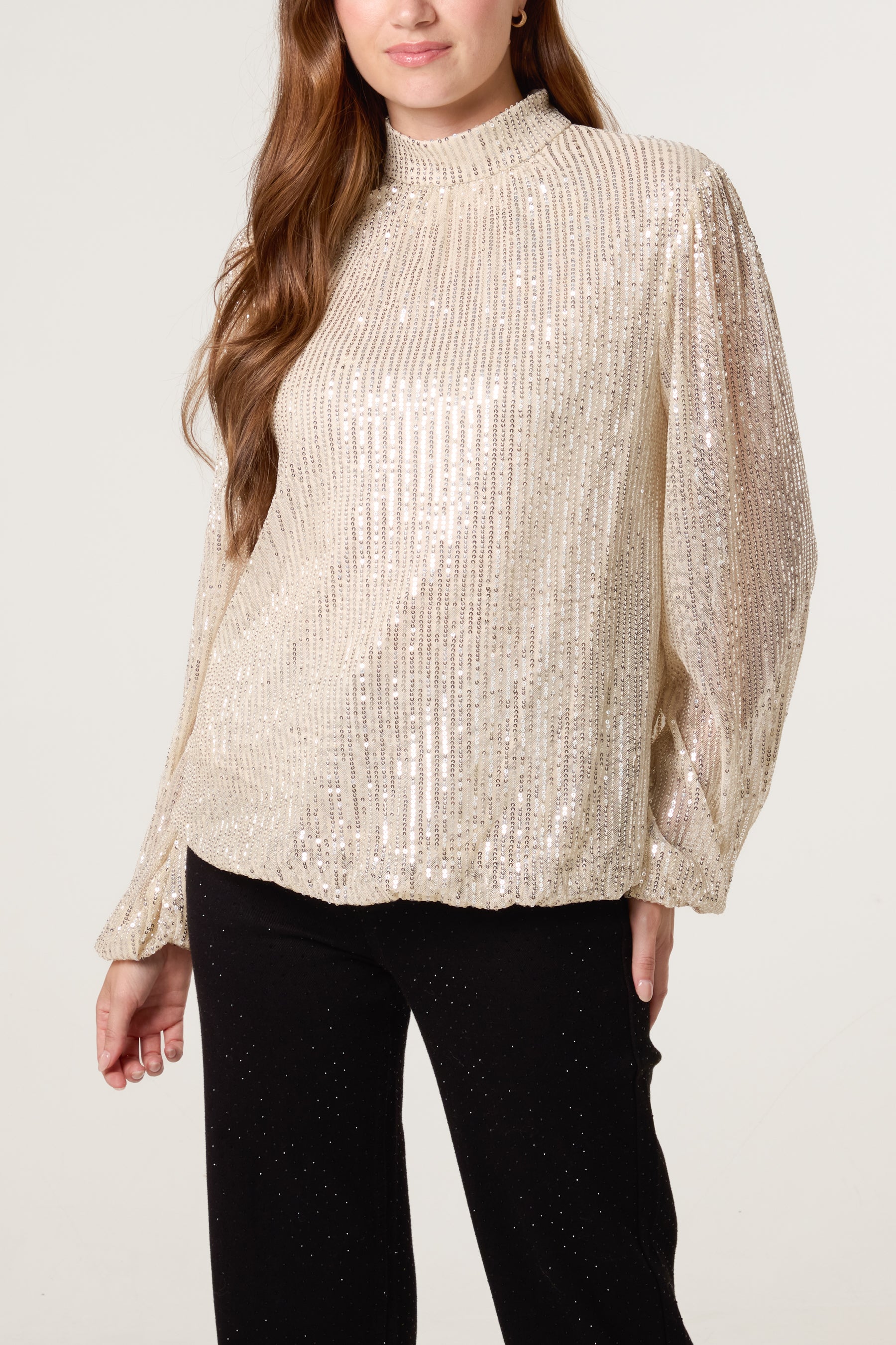 Sequin High Neck Puffball Top