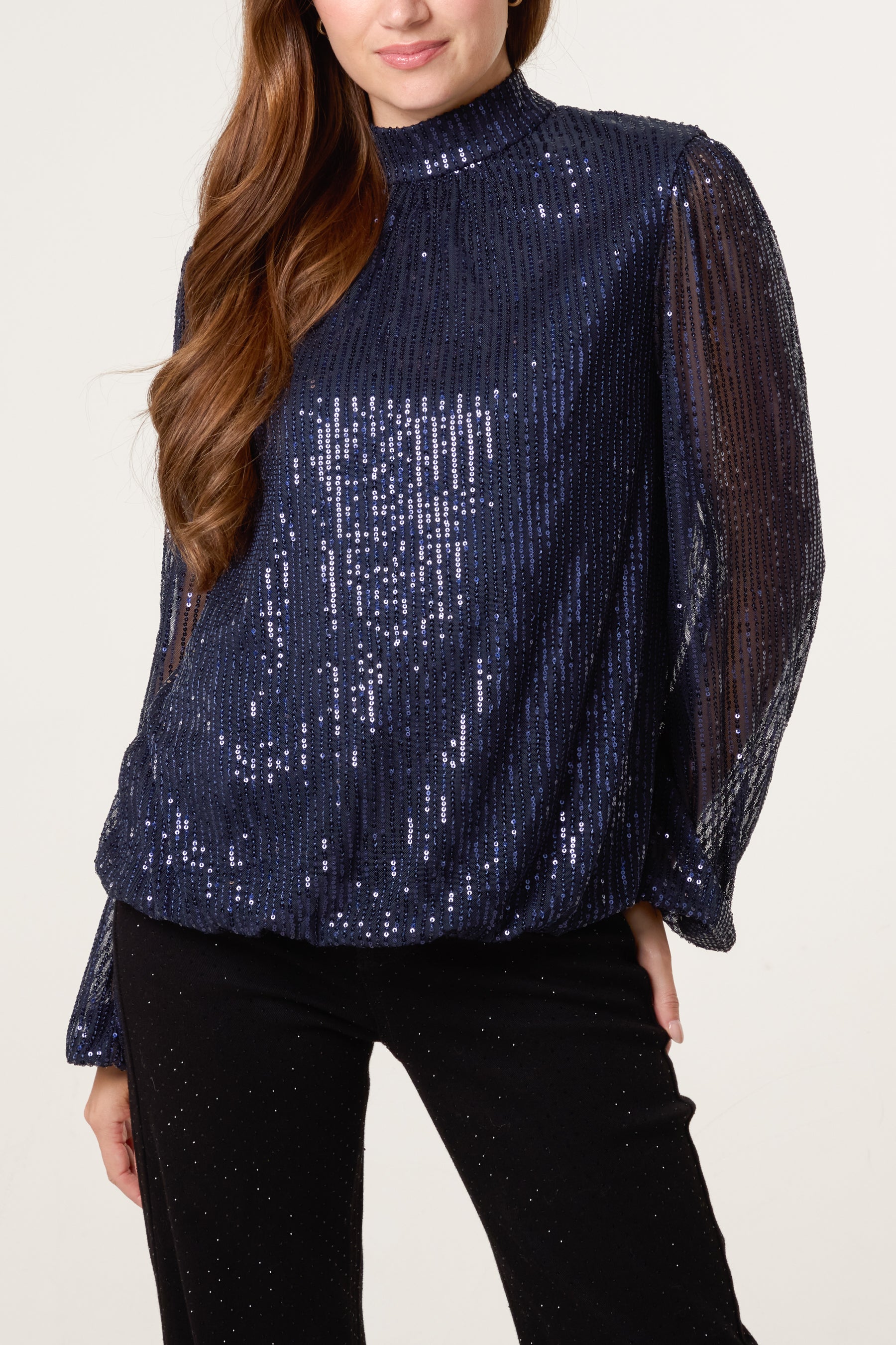 Sequin High Neck Puffball Top