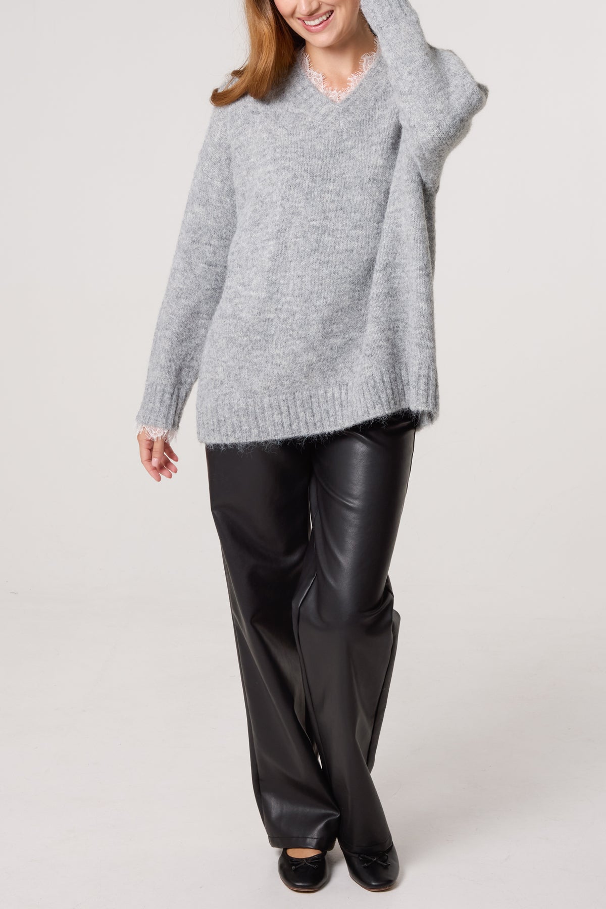 Lace Trim Fluffy Knit V-Neck Jumper