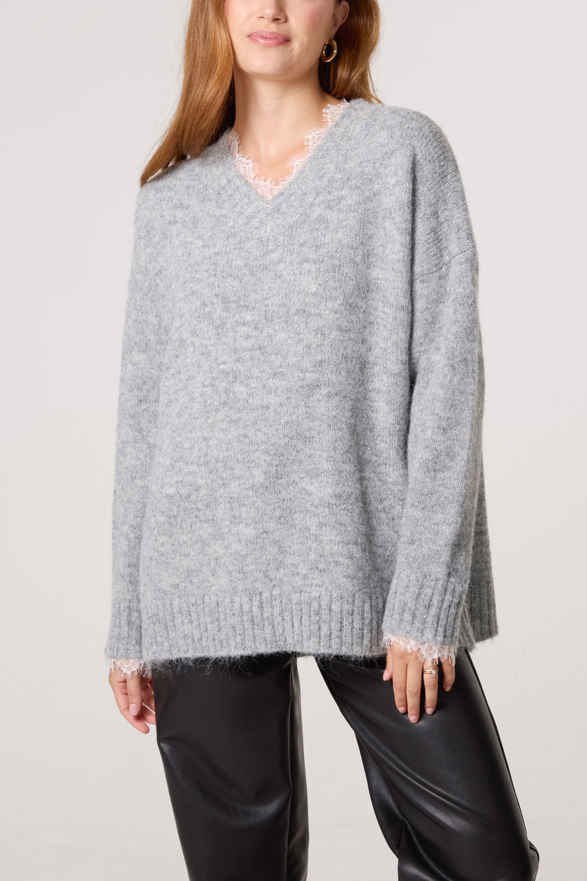 Lace Trim Fluffy Knit V-Neck Jumper