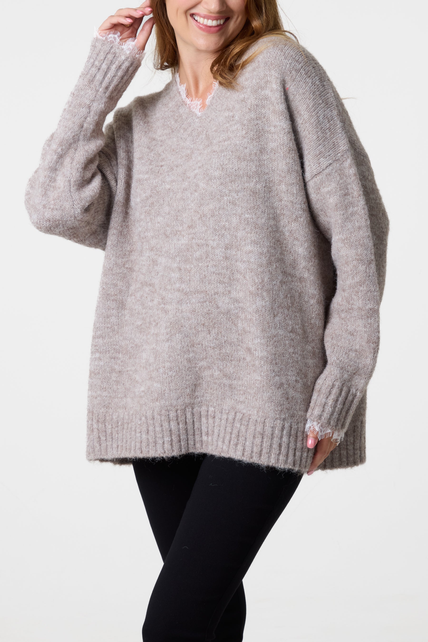 Lace Trim Fluffy Knit V-Neck Jumper